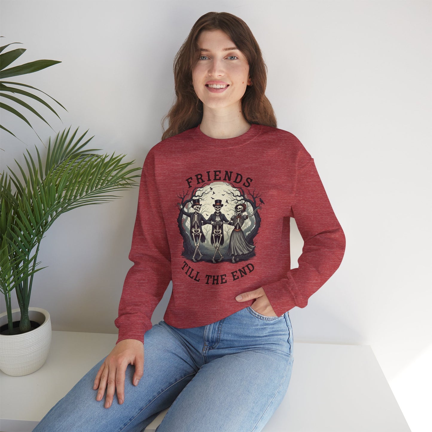 Friends Till The End Skeleton Sweatshirt | Dancing Skeletons Halloween Crewneck | Spooky Fall Graphic Pullover Gift for Bestie