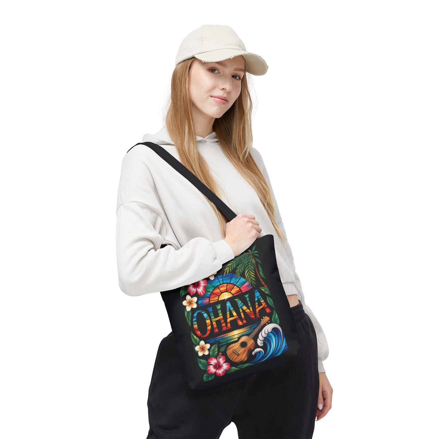 Ohana Tote Bag – Hawaiian Tropical Beach Bag with Ukulele, Sunset & Hibiscus Flowers, Island Gift for Women, Aloha Family Vibes