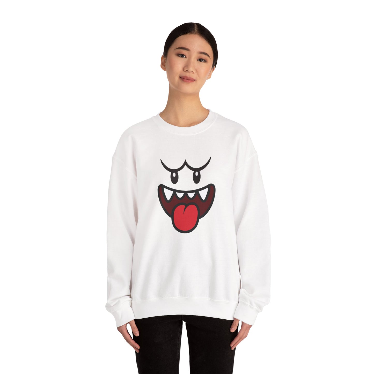 Spooky Grin Sweatshirt, Cartoon Ghost Face Crewneck, Halloween Grinning Ghost Sweatshirt, Cute Monster Smile Pullover, Spooky Season Graphic Sweat