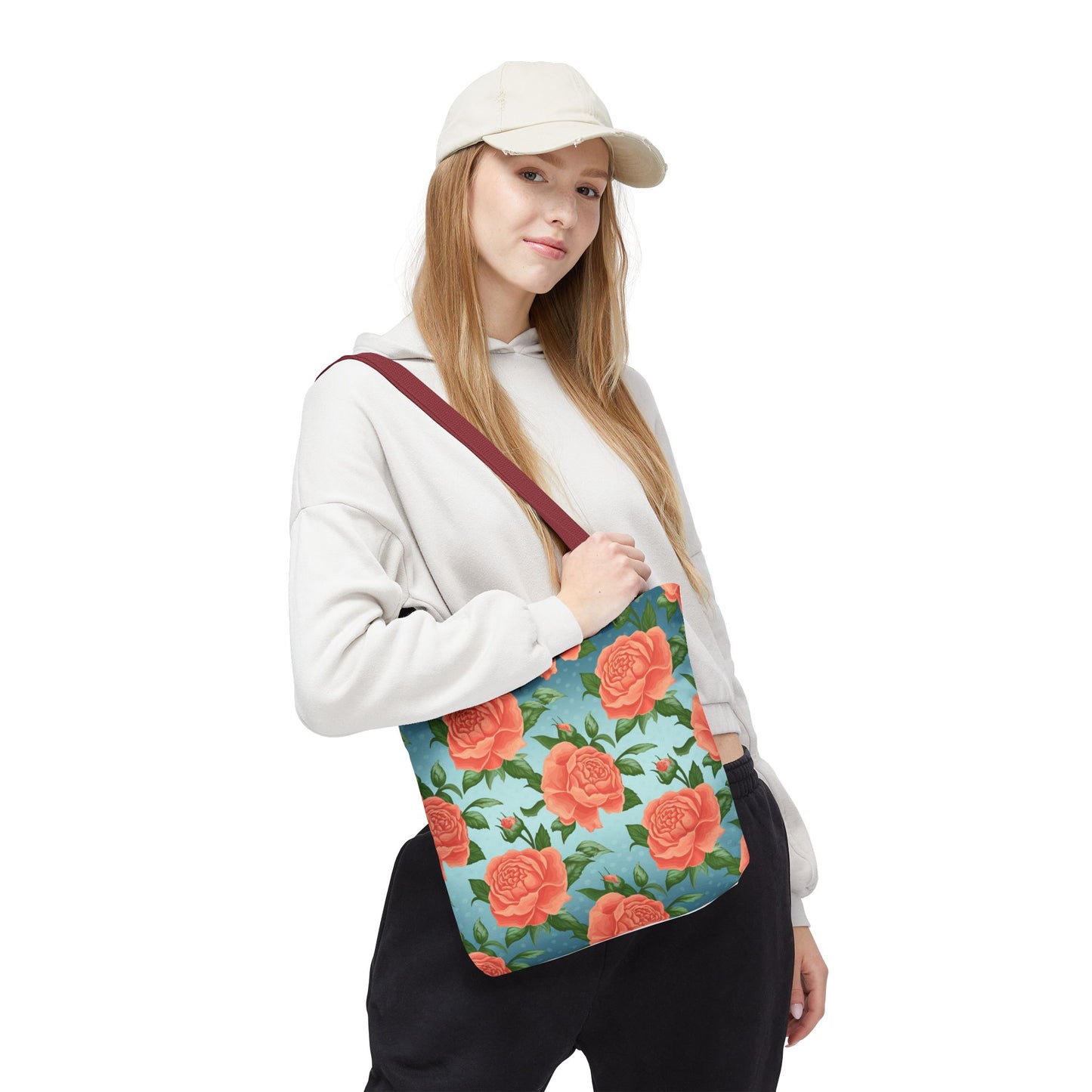 Vintage Floral Tote Bag – Coral Rose Pattern on Blue Background – Aesthetic Everyday Carry Bag – Reusable Fabric Market Tote Gift