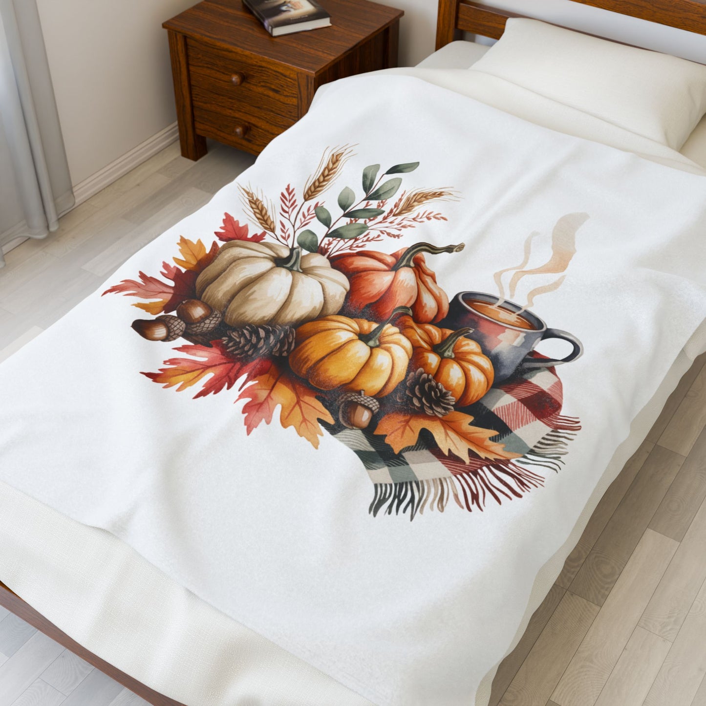 Pumpkin Plaid Fall Blanket, Cozy Autumn Throw Blanket With Pumpkins And Coffee Mug, Thanksgiving Decor, Soft Fleece Blanket Gift For Home