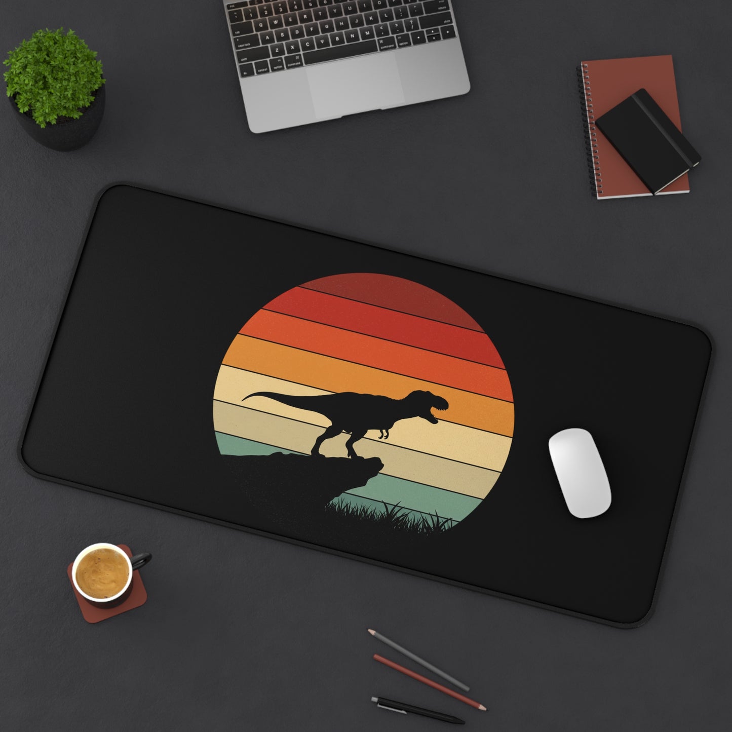 Retro T-Rex Sunset Desk Mat XL | Dinosaur Gaming and Office Mouse Pad - Non‑Slip Rug for Home, Kids, Paleontology Gift