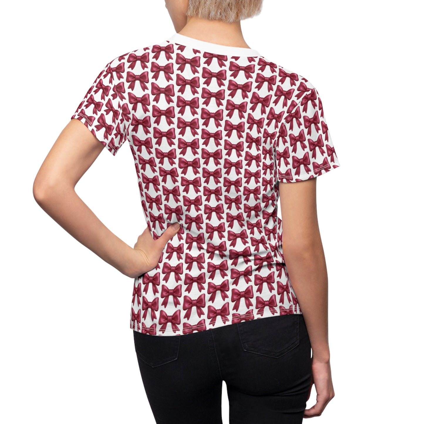 White-Stitch Bow Pattern Tee – Elegant Ribbon All-Over Print T-Shirt for Coquette Aesthetic Lovers – Feminine, Soft-Girl Friendly Gift Top