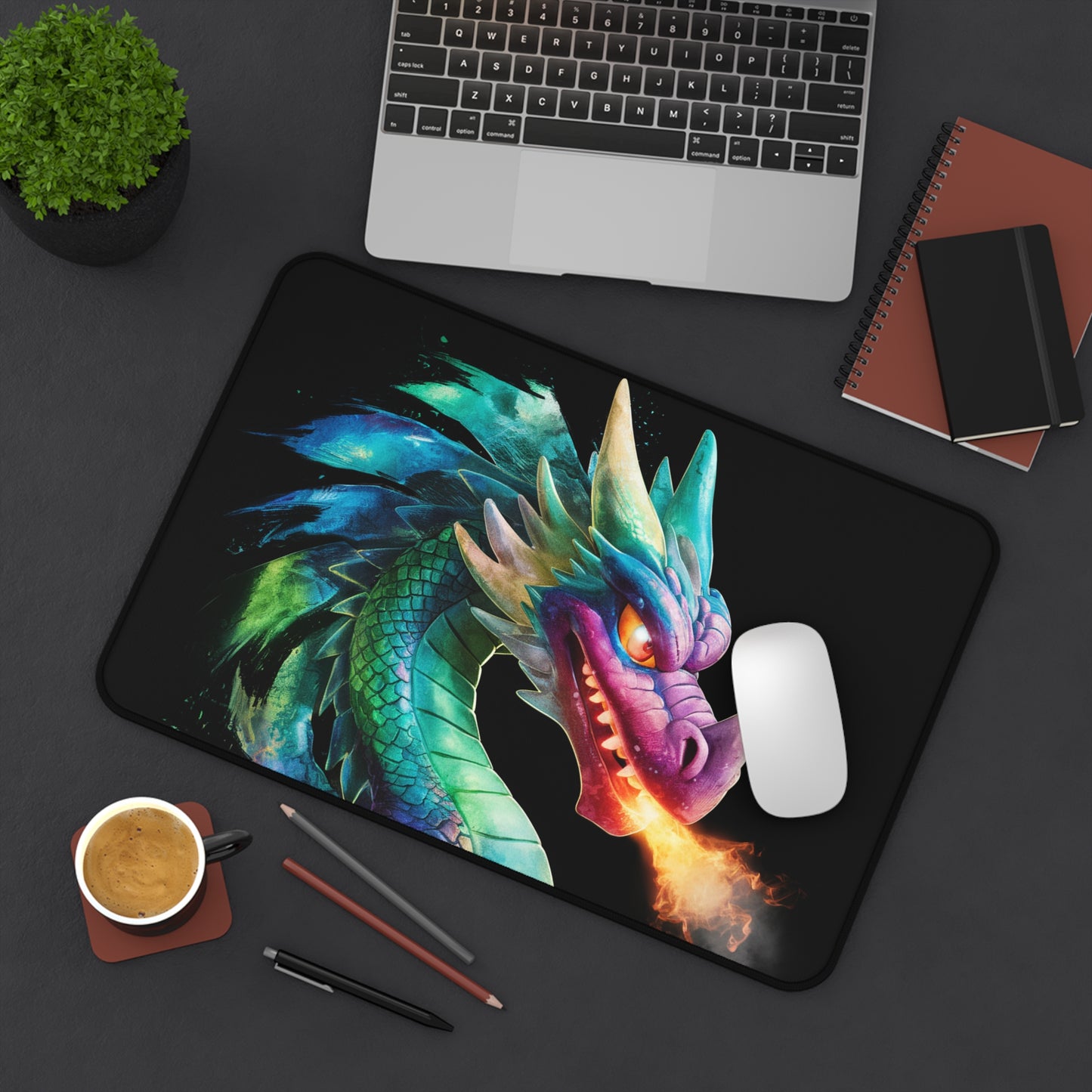 Fantasy Dragon Desk Mat & Gaming Mouse Pad | Colorful Fire-Breathing Dragon Office & Gaming Desk Accessory | Gift for Gamers