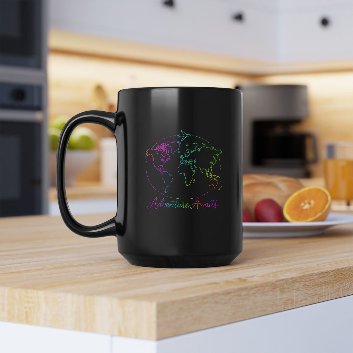 Adventure Awaits Neon Line Mug - Y2K Travel Coffee Cup - Rainbow World Map, Plane Design Ceramic Gift for Wanderlusters