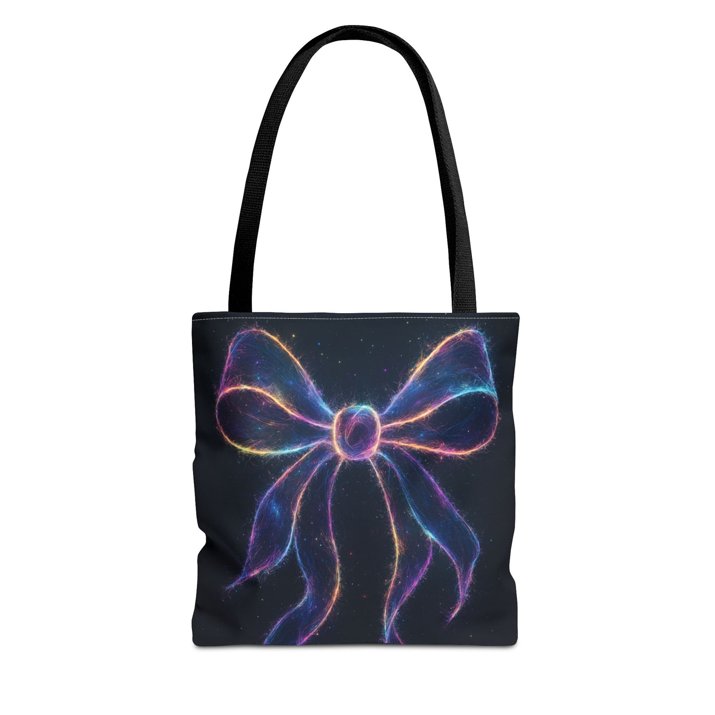 Galaxy Glow Bow Tote Bag, Cosmic Neon Ribbon Design, Black Space Art Bag, Celestial Gift For Her, Stylish Reusable Everyday Tote