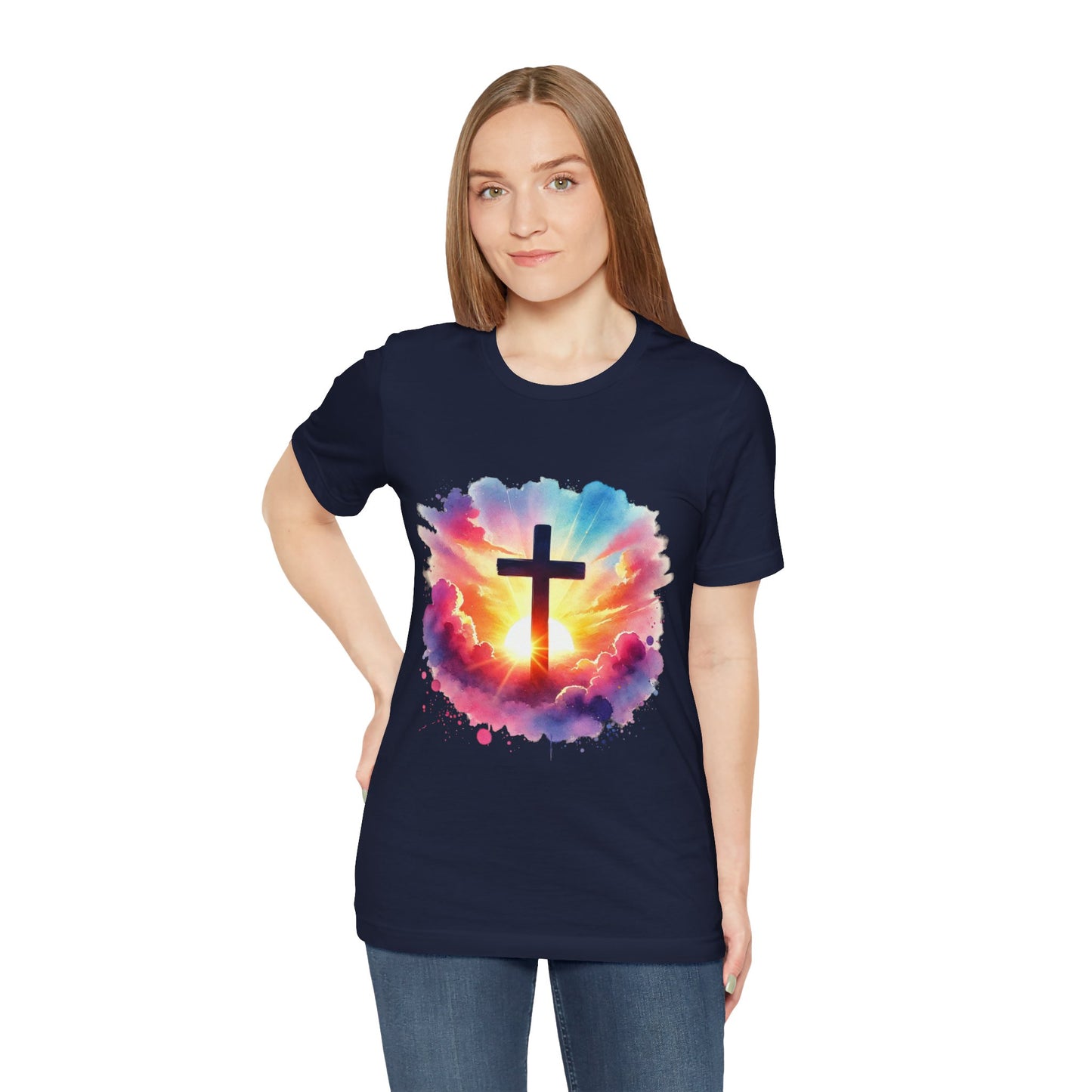 Faith Cross Sunburst Christian Tee | Inspirational Christian T-Shirt | Colorful Sunrise Cross Shirt | Faith Gifts for Women Men