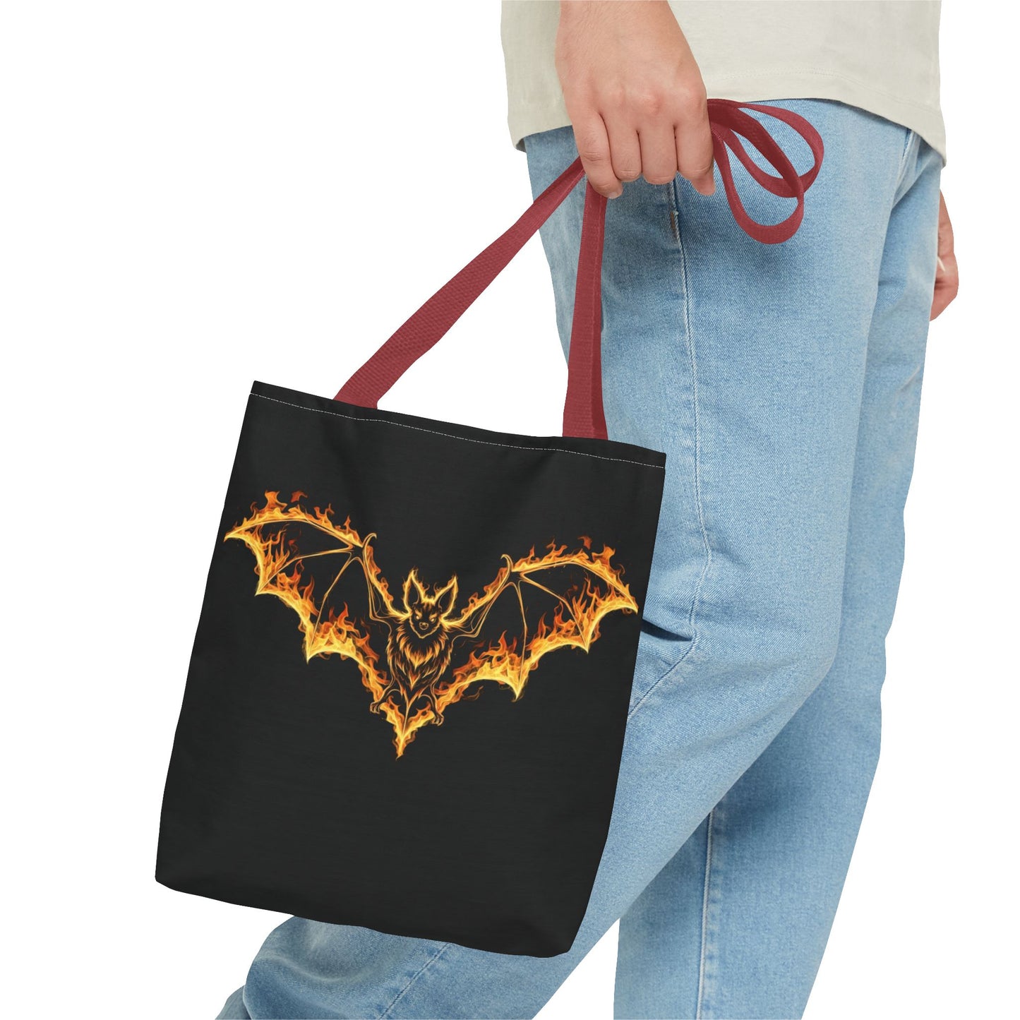 Flaming Bat Tote Bag, Gothic Halloween Canvas Tote, Fiery Wing Bat Design Tote, Spooky Season Accessory, Gothic Gift Tote