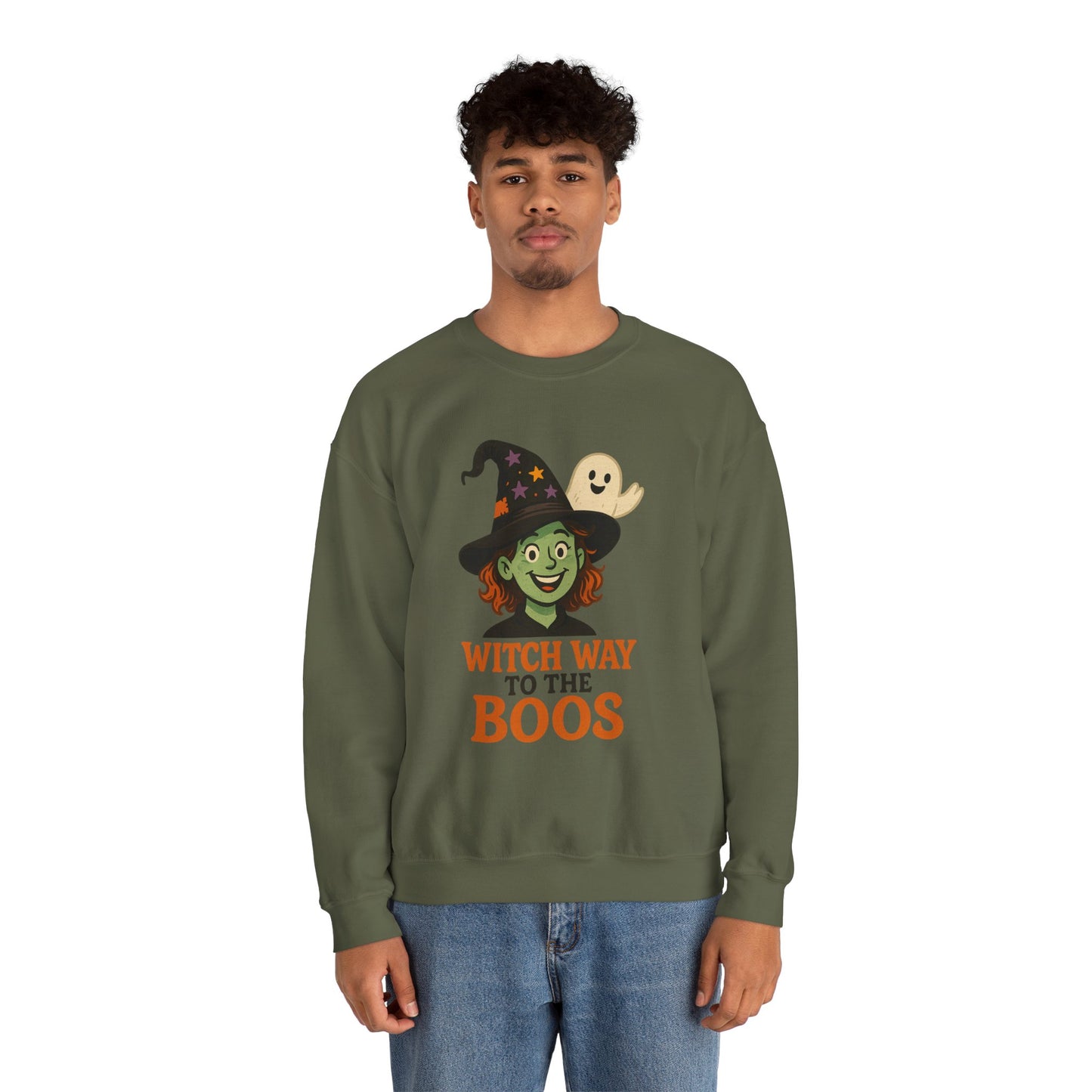 Witch Way To The Boos Sweatshirt, Funny Witch Halloween Crewneck, Witchy Ghost Sweatshirt, Spooky Season Graphic Pullover, Lighthearted Halloween Wear