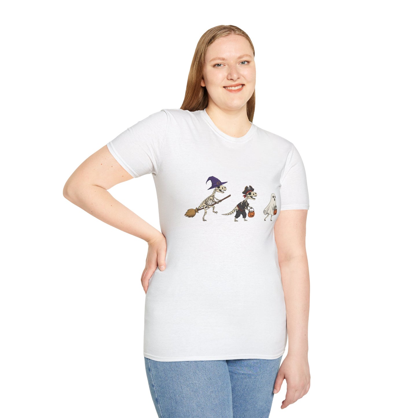 Halloween Dinosaur Skeleton Shirt - Trick-or-Treat Dino Tee, Funny T-Rex Ghost and Witch Costume Shirt, Spooky Cute Skeleton Tee, Unisex