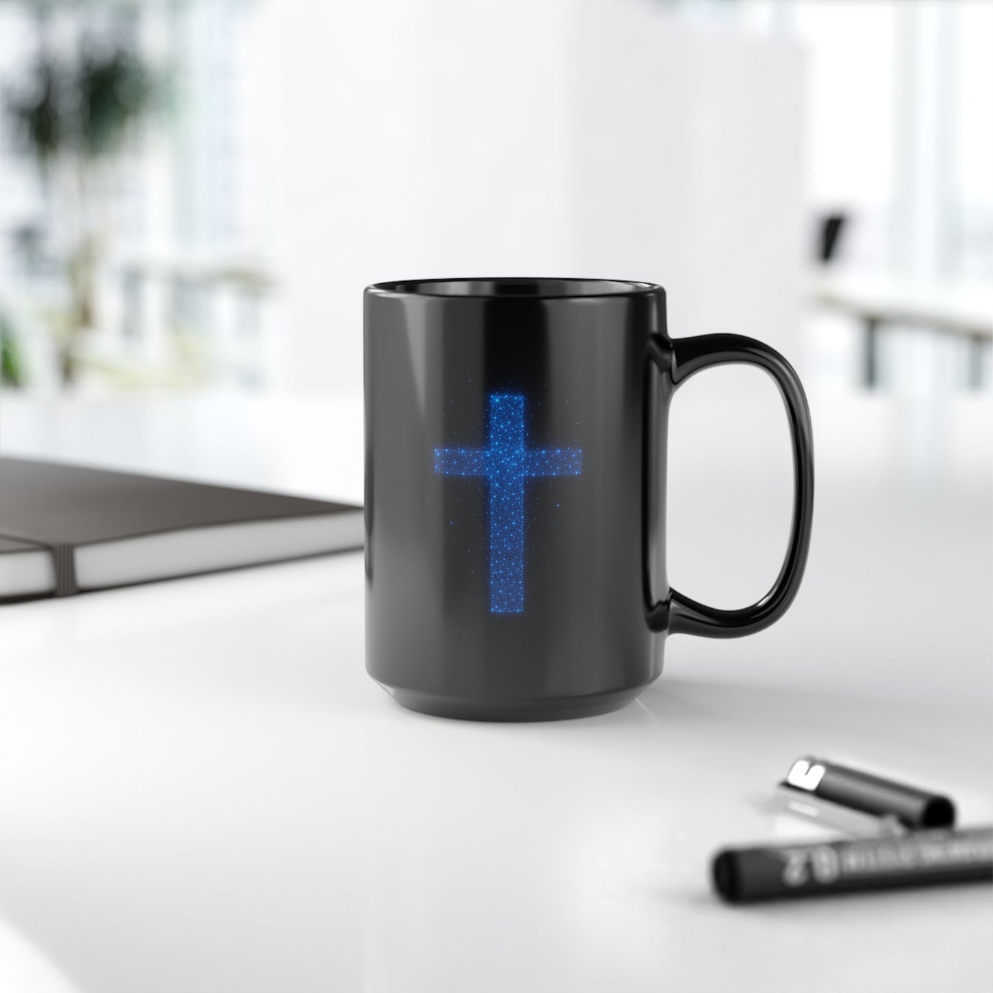 Celestial Cross Mug – Blue Starry Christian Coffee Cup – Faith Based Black Ceramic Mug with Cosmic Cross Design | Religious Gift Idea