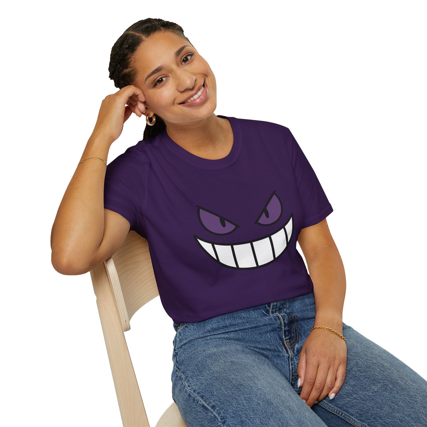 Mischievous Shadow Face Tee - Purple Eyes and Big Grin Graphic Shirt | Spooky Cute Gift, Retro Gaming Vibe, Funny Halloween Unisex Top