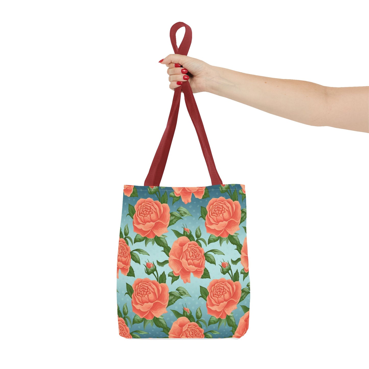 Vintage Floral Tote Bag – Coral Rose Pattern on Blue Background – Aesthetic Everyday Carry Bag – Reusable Fabric Market Tote Gift