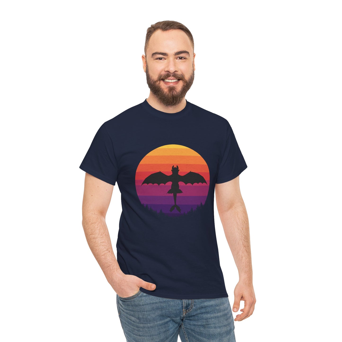 Night Dragon Sunset T-Shirt | Retro Dragon Silhouette Tee | Fantasy Dragon Shirt | Unisex Graphic Tee | Gift for Dragon Lovers