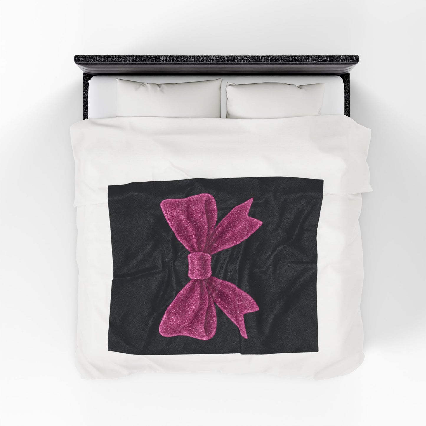 Black Throw Blanket with Glitter Pink Bow – Cozy Soft Bed Cover – Girly Glam Room Decor – Teen Girl Gift – Elegant Bedding Accent