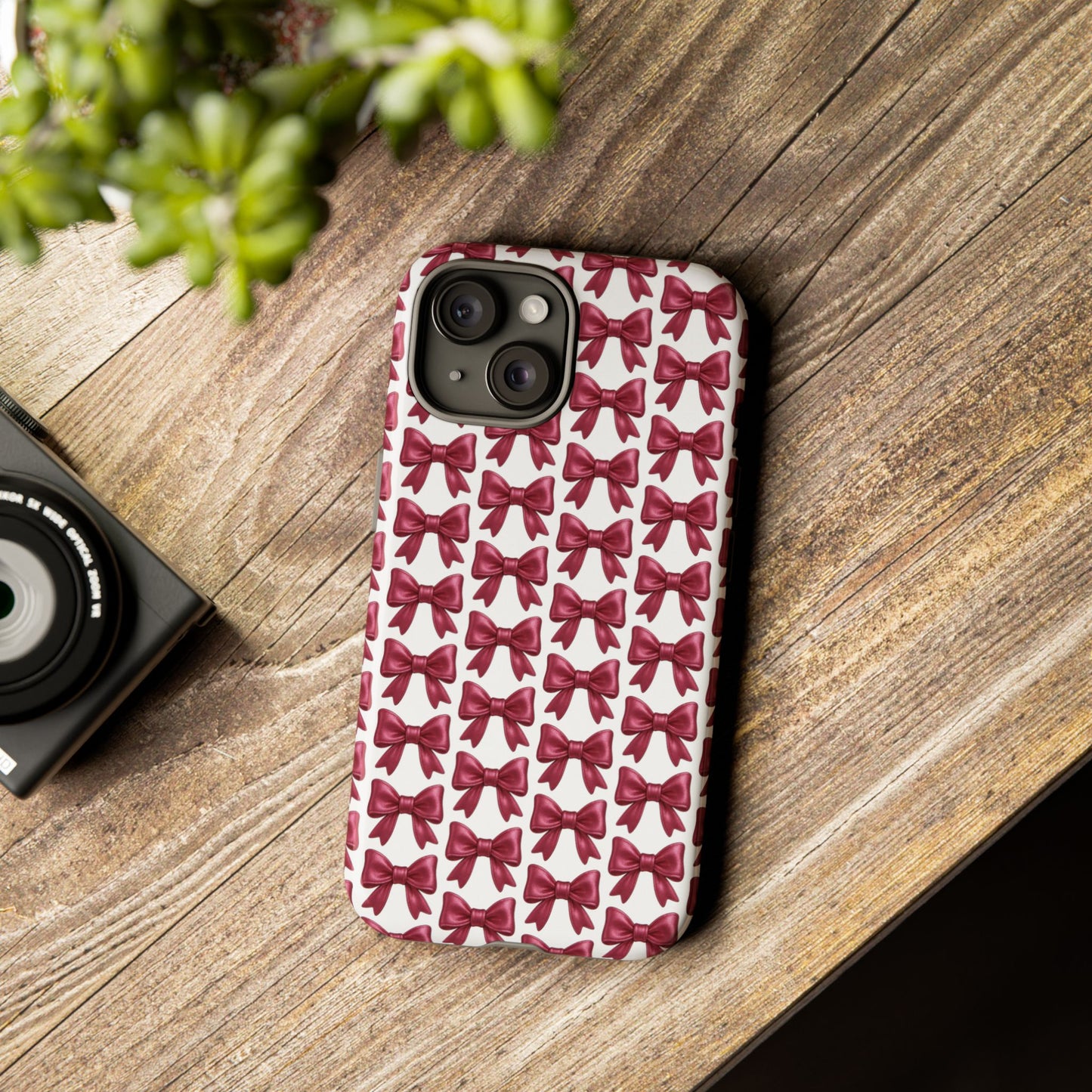Coquette Bow iPhone Case - Burgundy Ribbon Pattern Phone Cover, Girly Aesthetic Accessory, Cute Gift for Her
