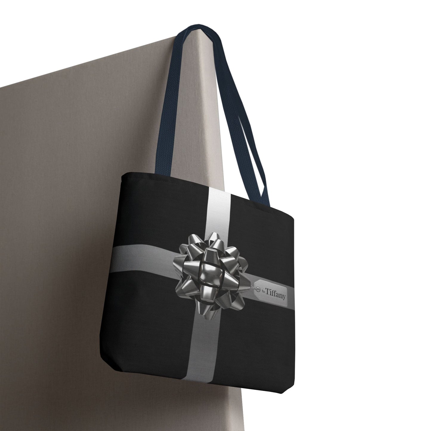 Custom Name Tote Bag | Black and Silver Gift Wrap Design | Personalized Holiday Shopper | Elegant Christmas Gift Bag