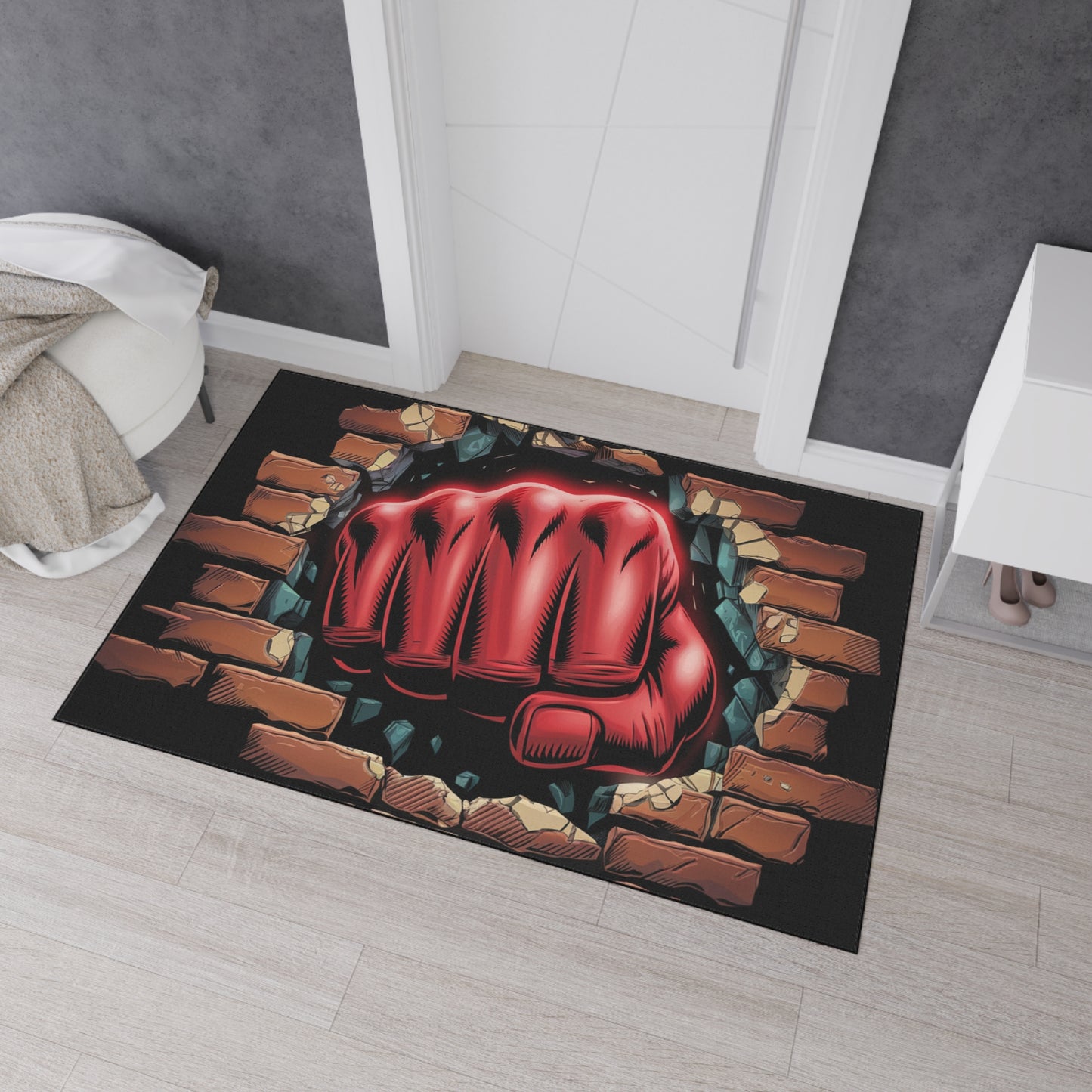 Floor Mat - Fun Red Fist Smashing Through Wall Design