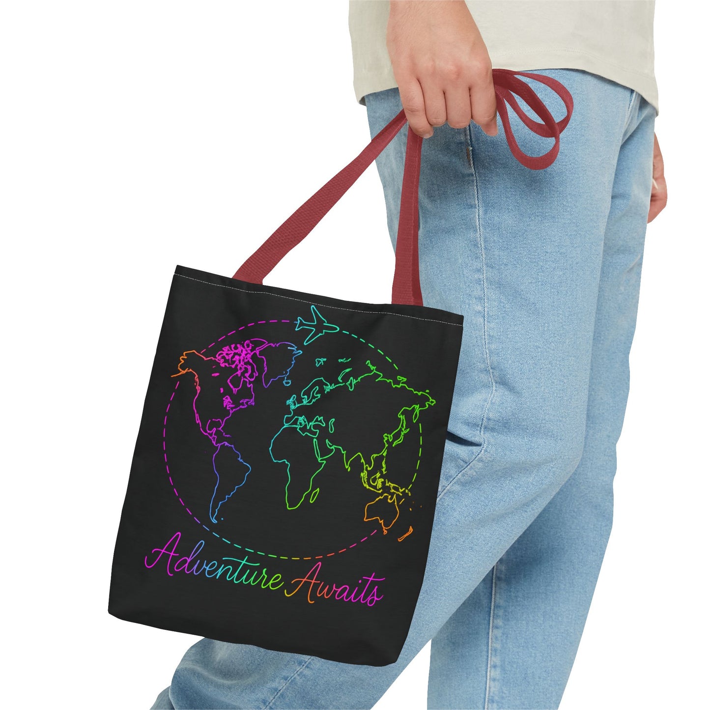 Adventure Awaits Neon Tote Bag - Y2K Rainbow World Map and Plane Travel Tote, Reusable Canvas Tote for Airport, Beach, Market + Gift