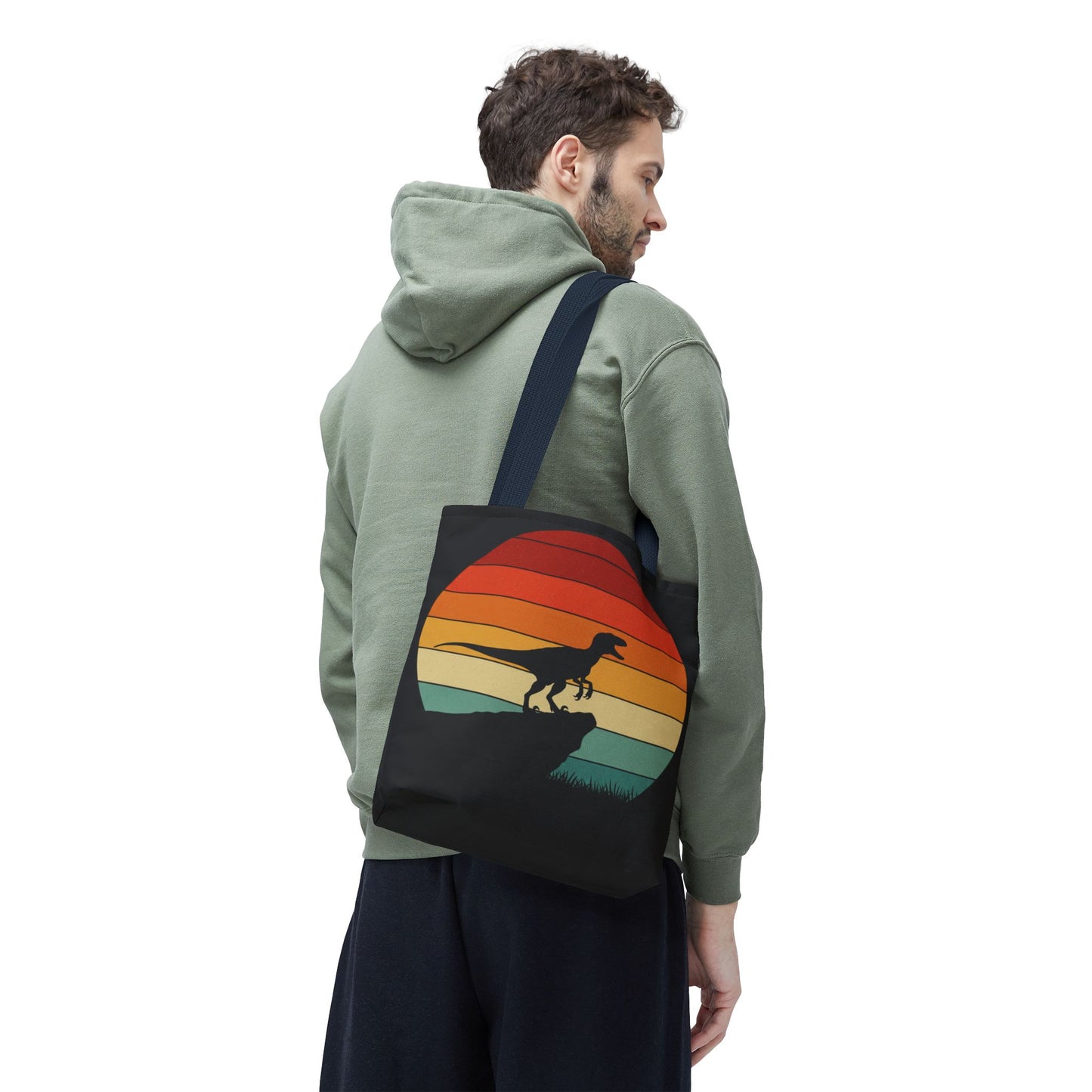 Retro Dino Sunset Tote Bag - Eco Canvas Dinosaur Beach Bag | Sustainable and Stylish Camping, Dino Lover Gift, Reusable Market Tote