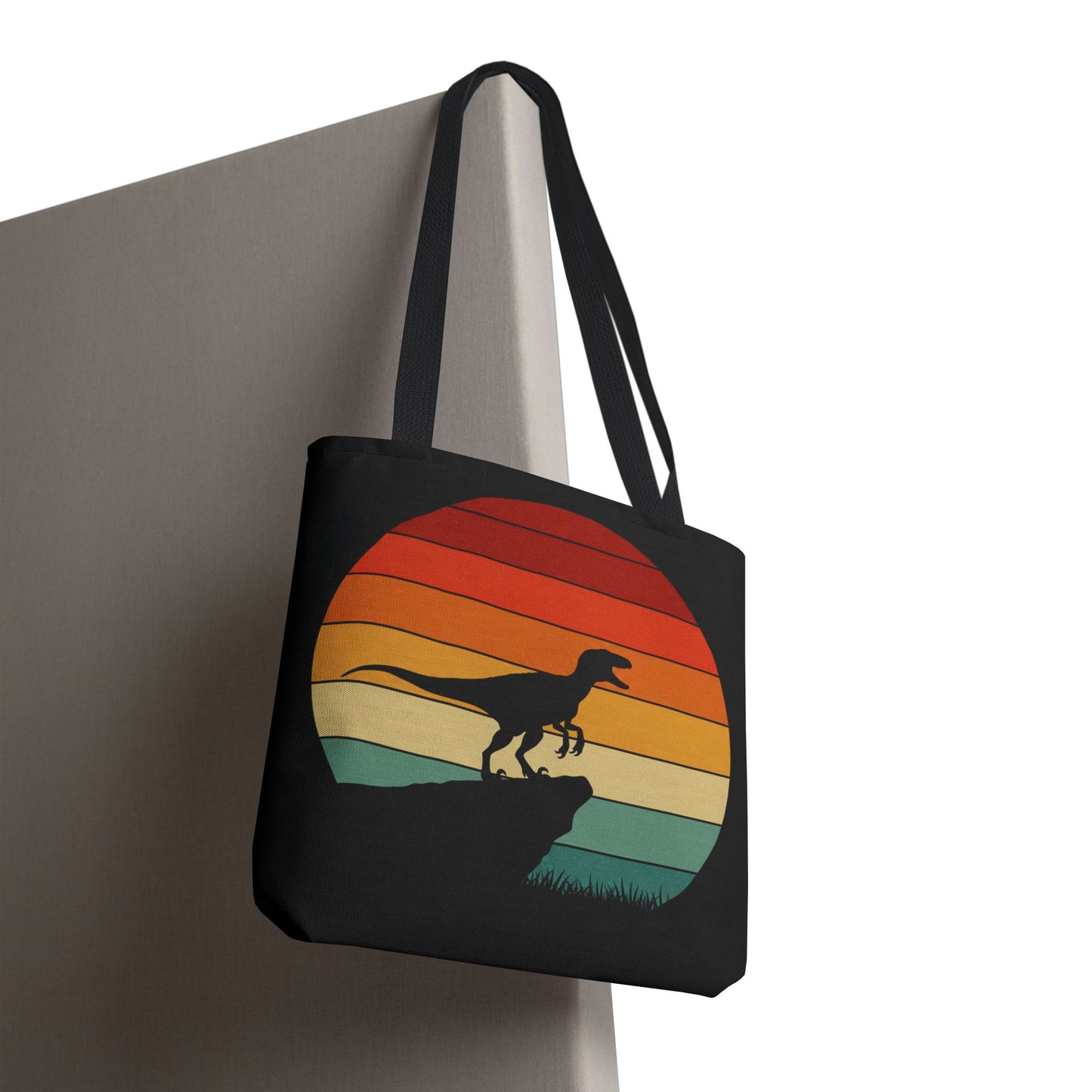 Retro Dino Sunset Tote Bag - Eco Canvas Dinosaur Beach Bag | Sustainable and Stylish Camping, Dino Lover Gift, Reusable Market Tote