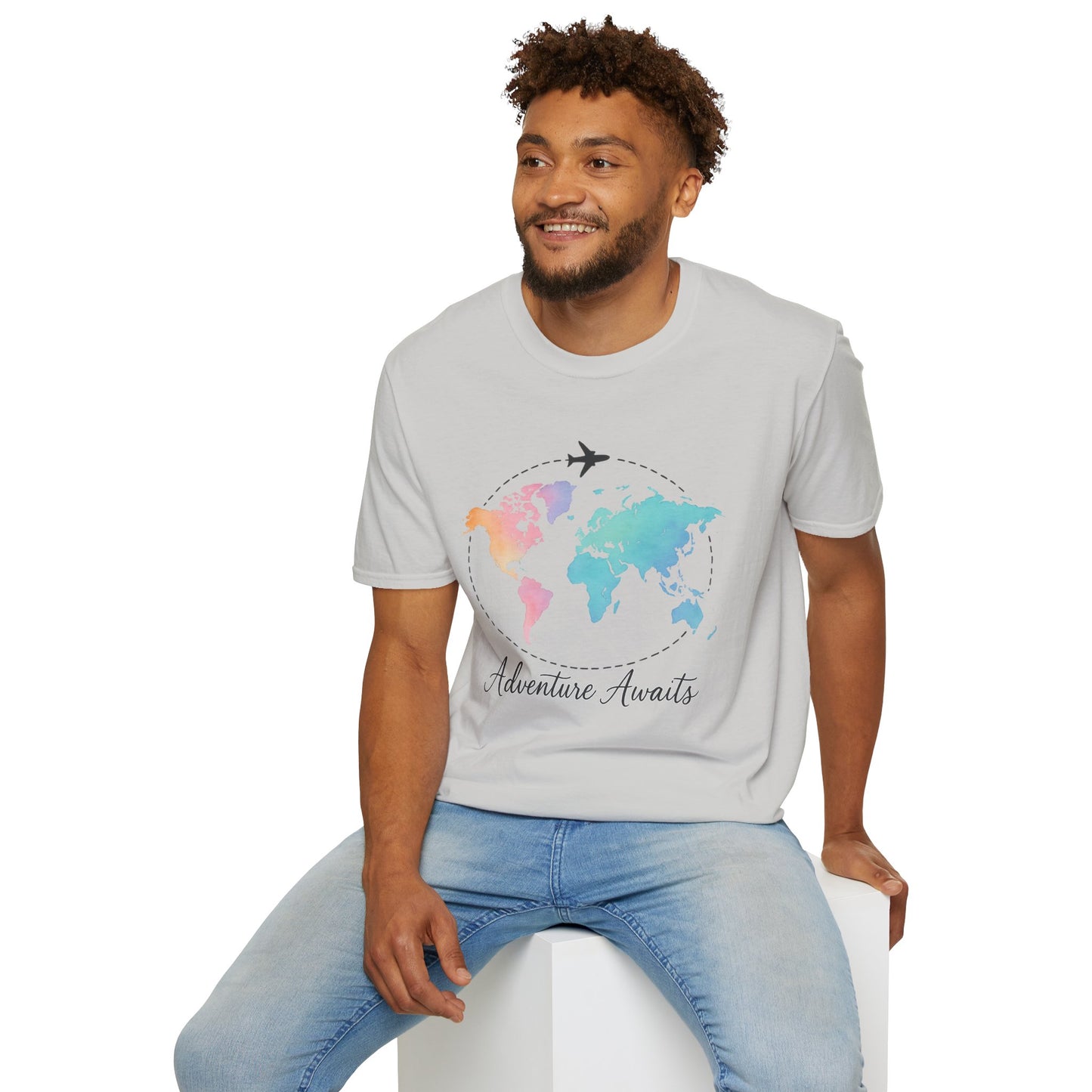 Adventure Awaits Travel Shirt | Watercolor World Map Tee for Women and Men | Wanderlust Gift for Travelers, Hikers, Campers, Beach Lovers