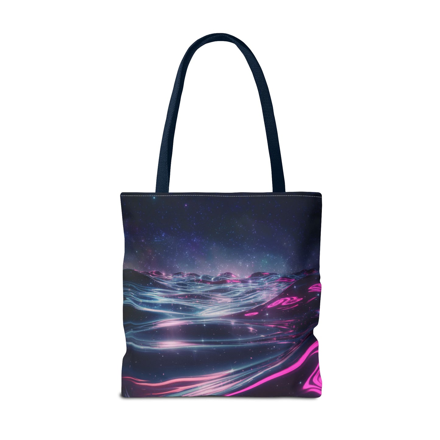 Neon Wave Horizon Tote Bag, Futuristic Ocean Design With Pink And Blue Light, Sci-Fi Aesthetic Reusable Tote For Travel, Gifts, And Everyday Use