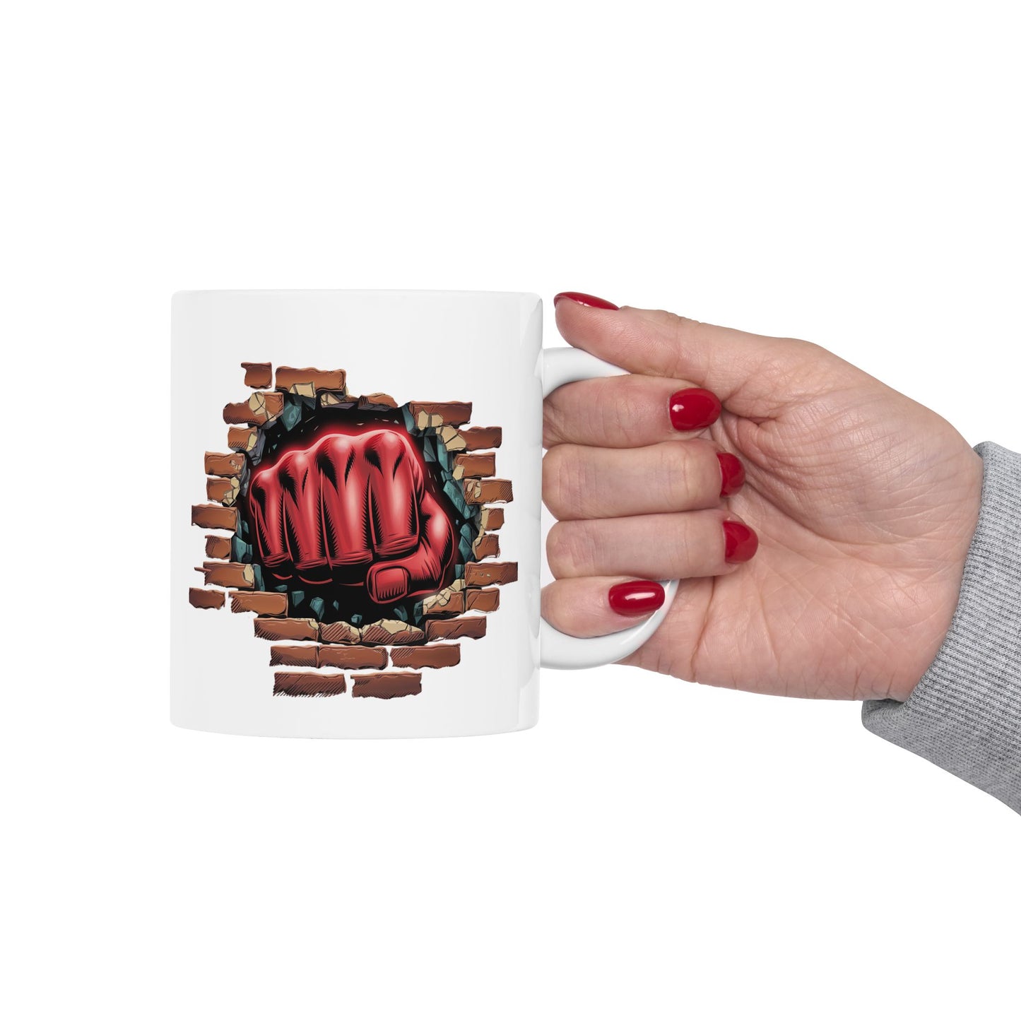 Red Fist Breaking Through Brick Mug – Bold Graphic 11oz or 15oz Ceramic Coffee Cup – Edgy Statement Gift for Him or Her, Cottagecore & Galaxy Aesthetic