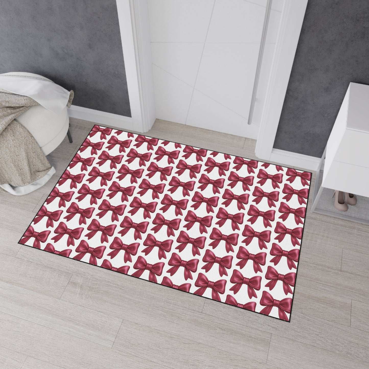 Pink Bow Doormat Cute Glam Entry Rug, Decorative Floor Mat with Repeating Bow Pattern, Girly Room or Holiday Decor