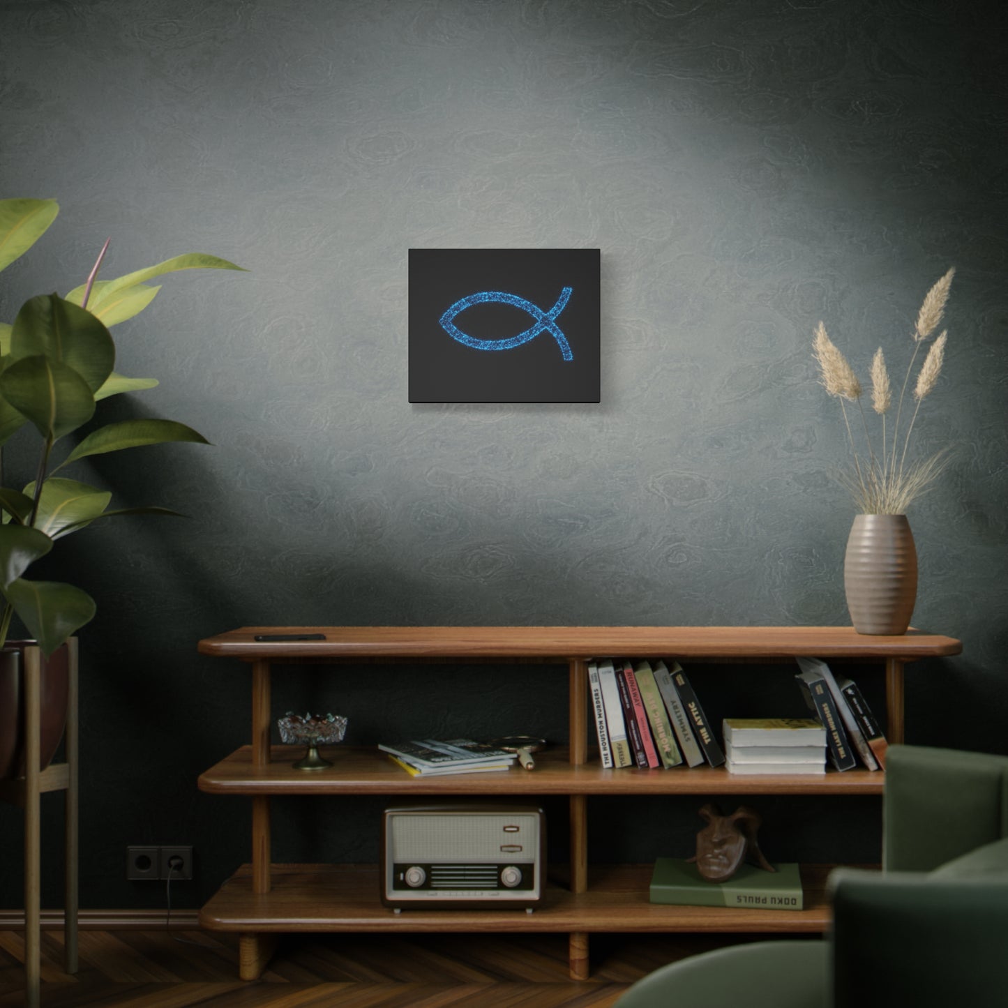 Blue Glitter Fish Symbol Matte Canvas Wall Art