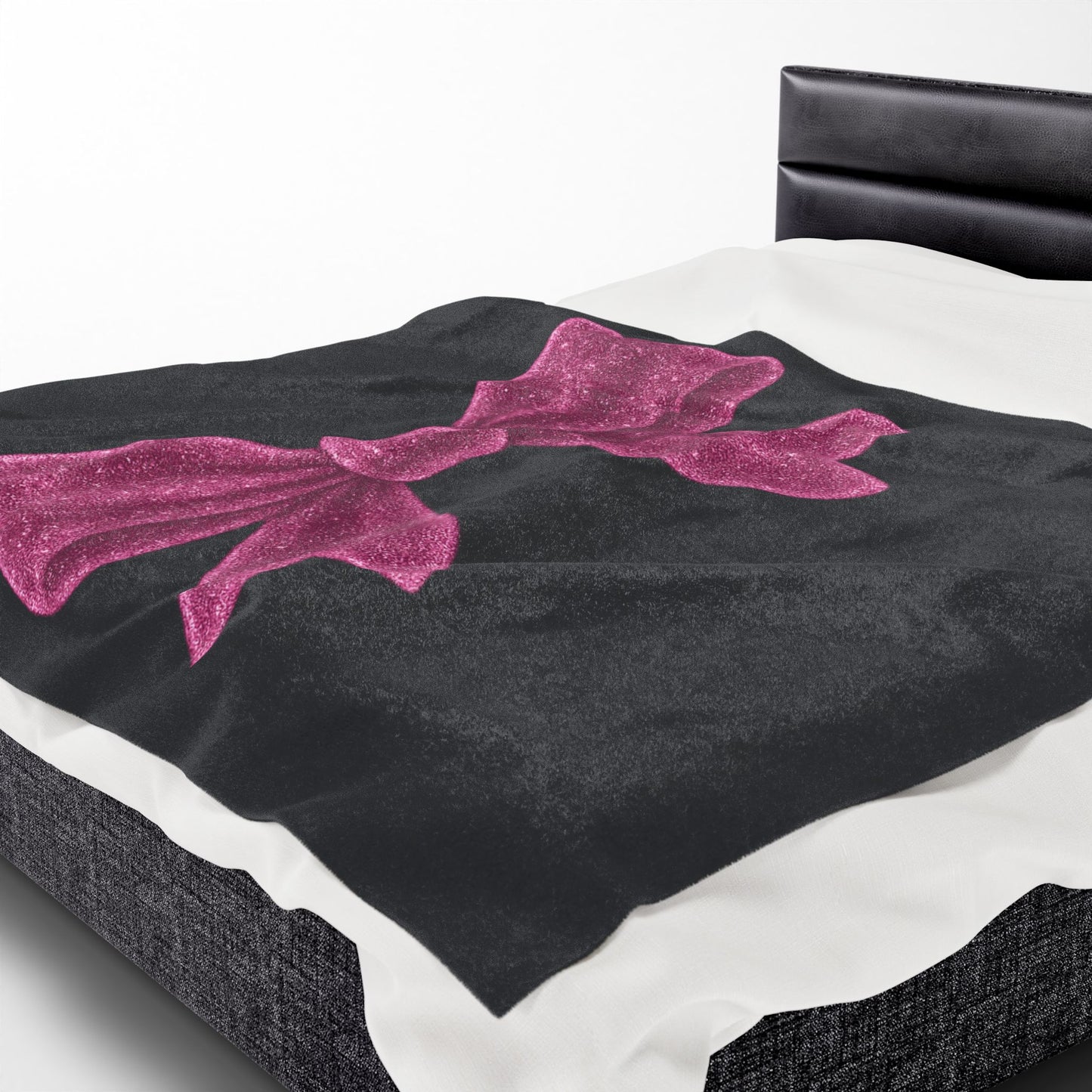 Black Throw Blanket with Glitter Pink Bow – Cozy Soft Bed Cover – Girly Glam Room Decor – Teen Girl Gift – Elegant Bedding Accent