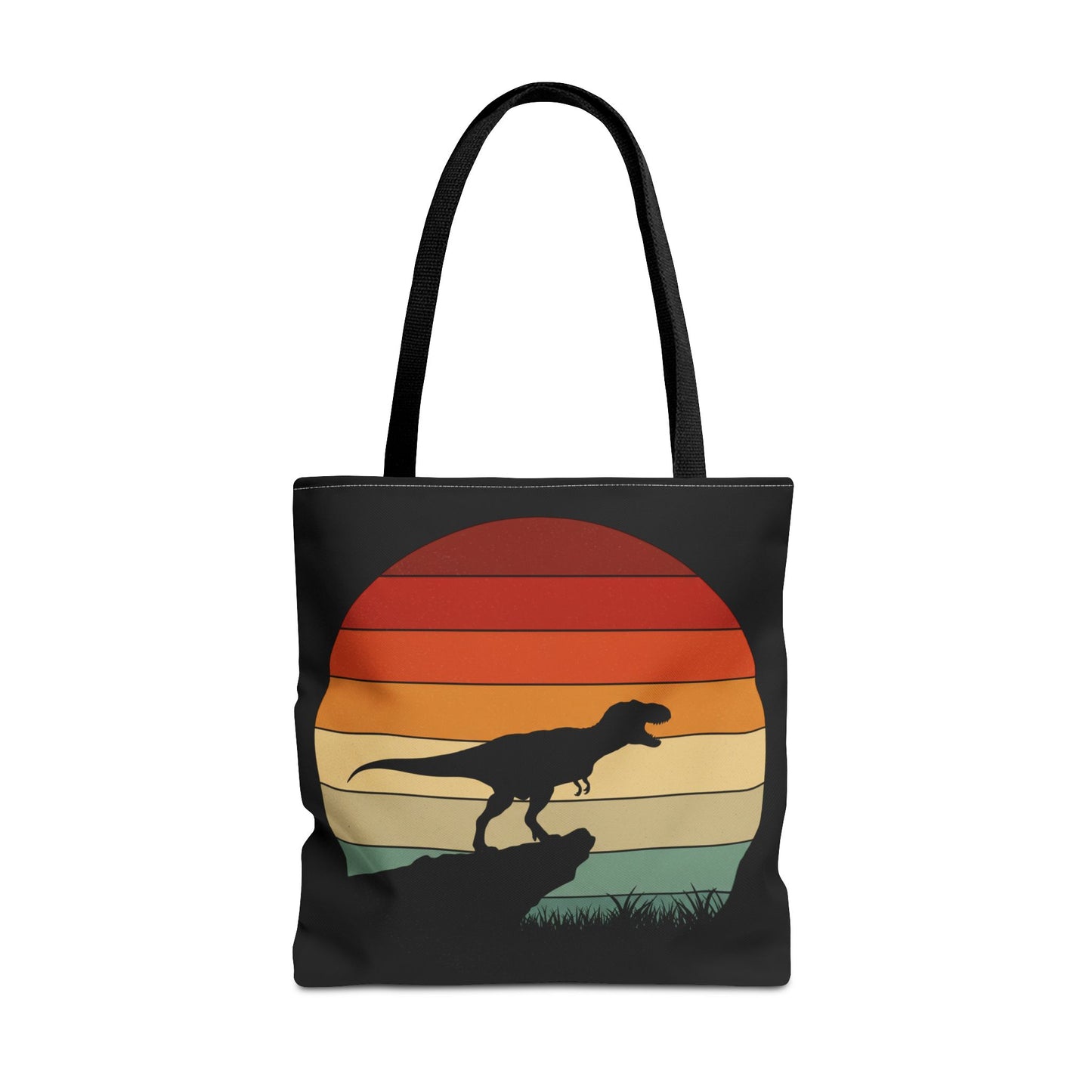 Retro Dinosaur Sunset Tote Bag | AOP Canvas Shopper - Eco Beach Bag for Dino Lovers and Kids, All-Over Print Summer Travel Gift
