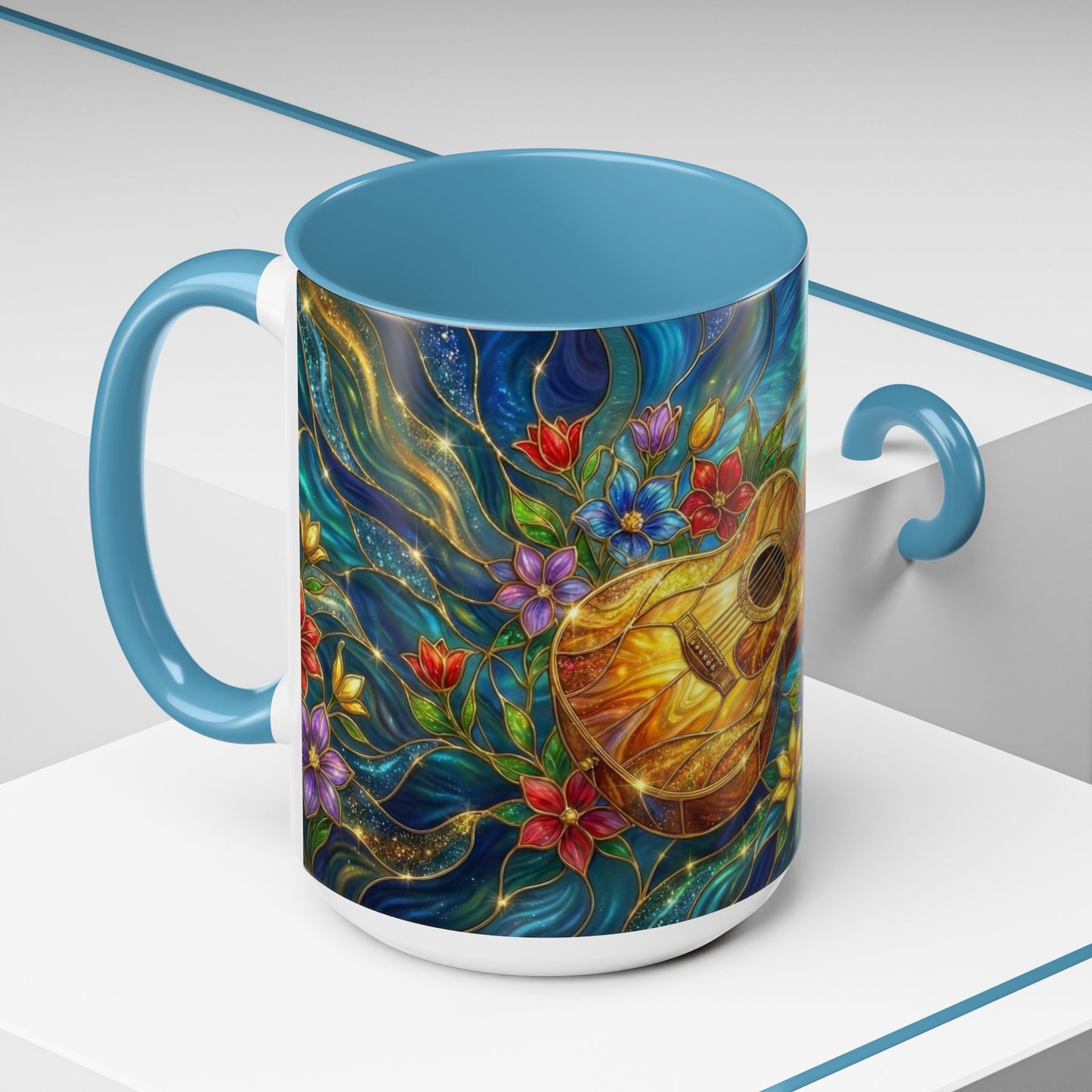 Guitar Coffee Mug, Stained Glass Guitar Art Mug, Music Lover Gift, Floral Acoustic Guitar Mug, Ceramic Coffee Cup, Unique Musician Gift, 11oz