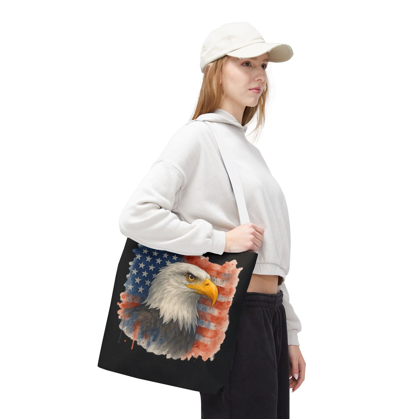 Patriotic Tote Bag with American Flag and Bald Eagle Watercolor Print 4th of July Bag Memorial Day Tote Veteran's Day Tote Bag