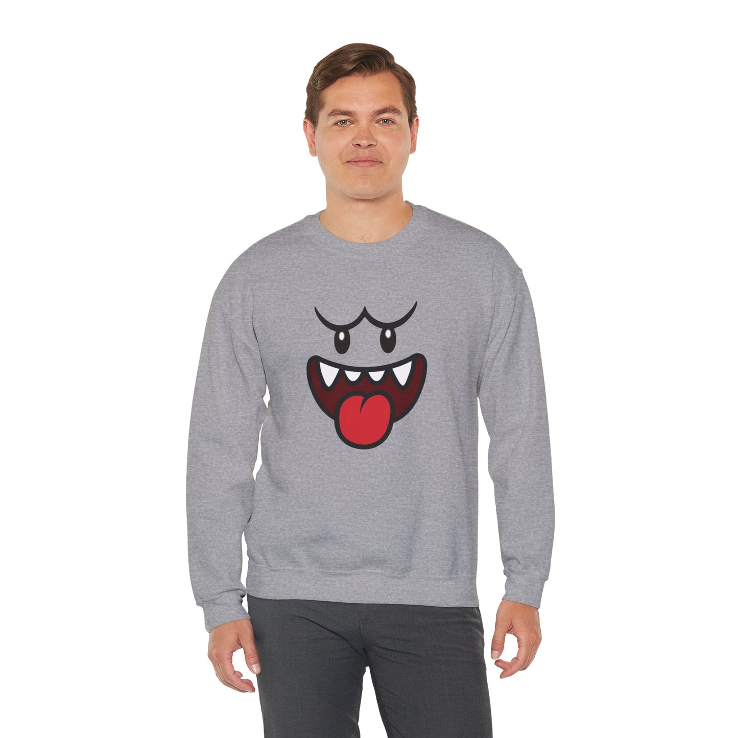 Spooky Grin Sweatshirt, Cartoon Ghost Face Crewneck, Halloween Grinning Ghost Sweatshirt, Cute Monster Smile Pullover, Spooky Season Graphic Sweat