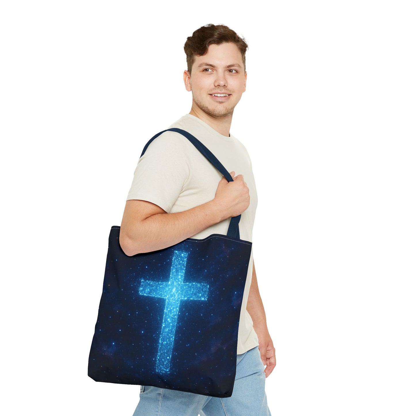 Sparkling Cross Tote Bag - Inspirational Blue Cosmic Bag Christian Tote Spiritual Bag Inspirational Tote Bag