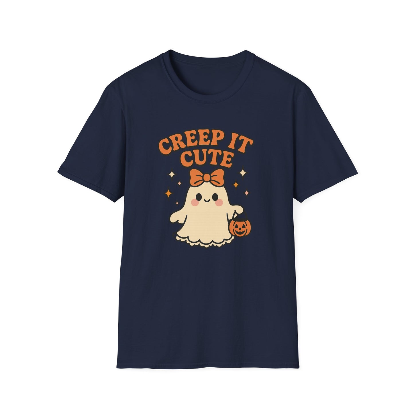 Creep It Cute Ghost Halloween Shirt - Kawaii Ghost Tee with Bow and Pumpkin, Spooky-Cute Fall Graphic T-Shirt, Spooky Season Halloween Top
