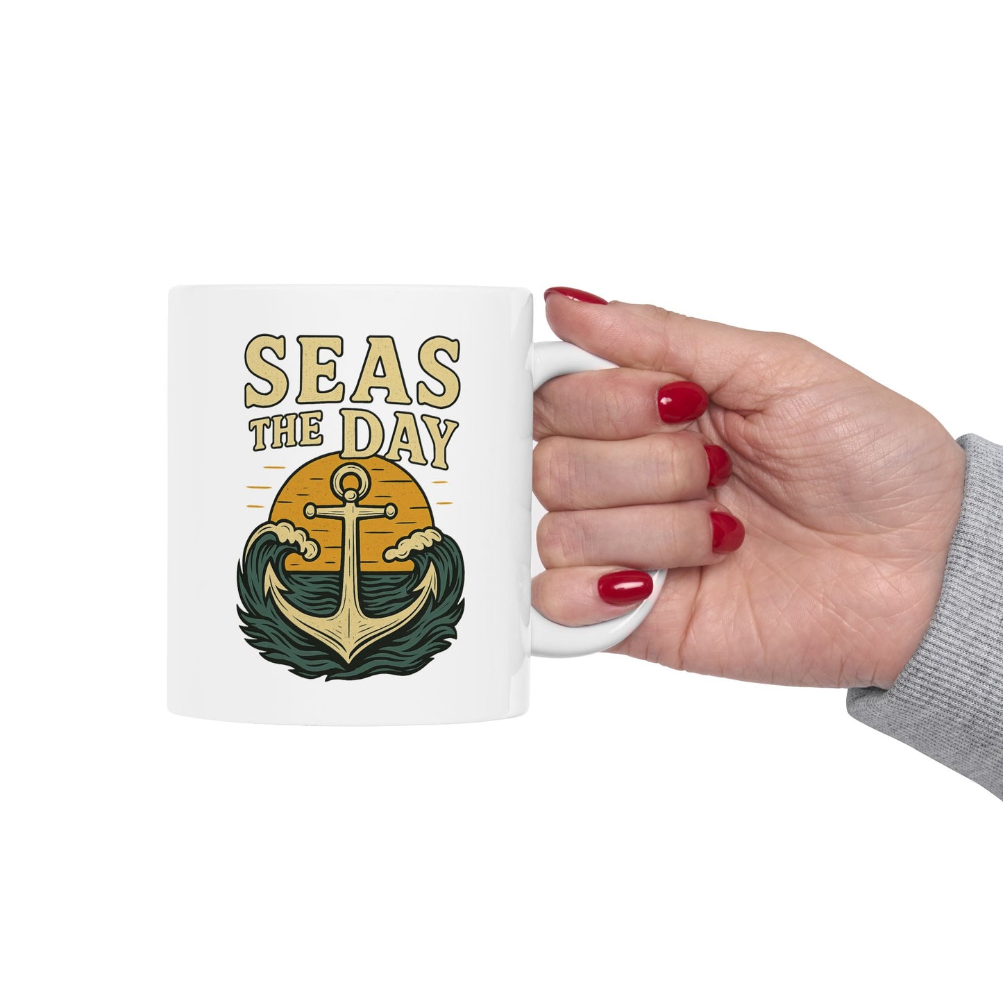 Seas the Day Coffee Mug – Nautical Anchor Ocean Sunset Cup, Funny Motivational Gift for Coffee Lovers, Sailors & Beach Vibes