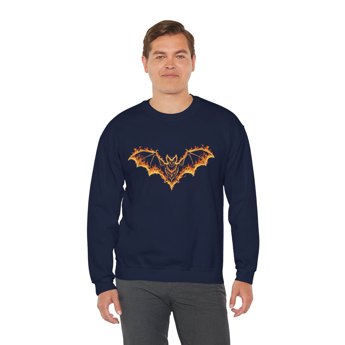 Flaming Bat Sweatshirt - Halloween Spooky Season Graphic Crewneck, Fiery Bat Design, Gothic Fall Fashion, Spooky Gift