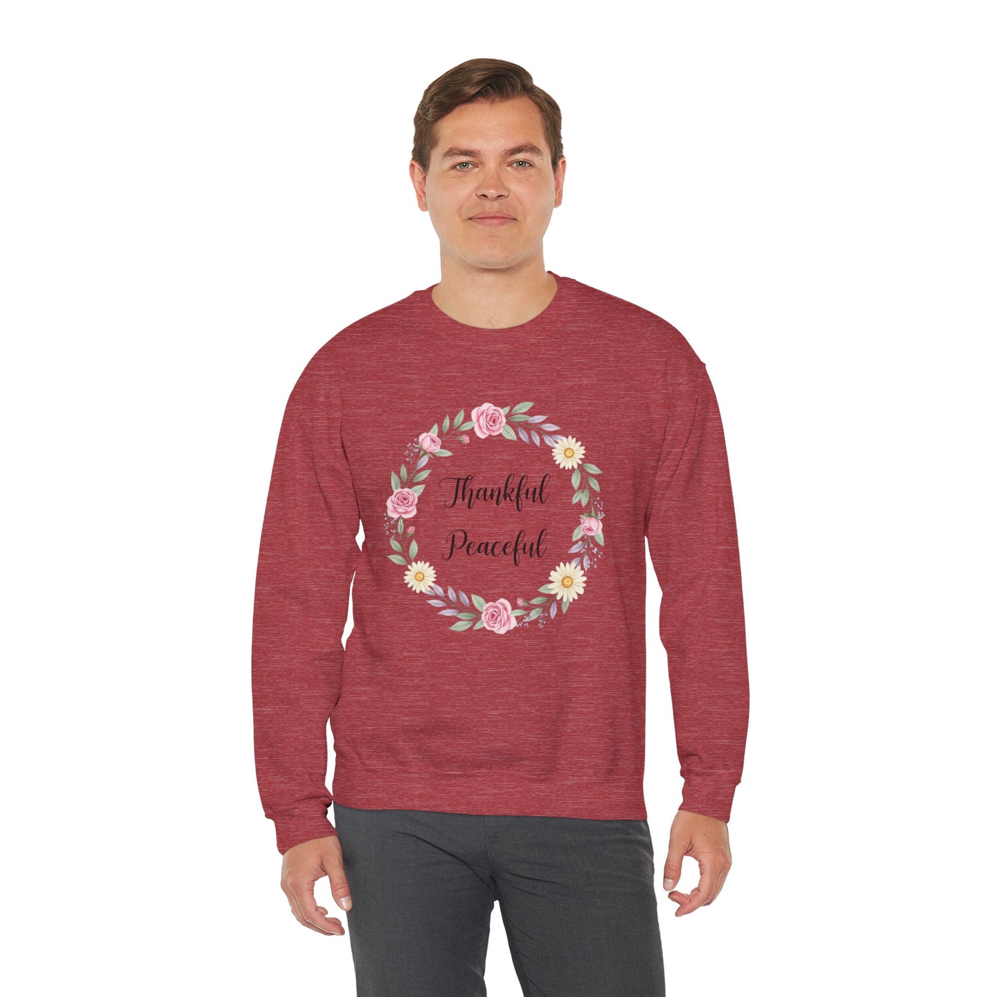 Thankful Peaceful Sweatshirt, Floral Wreath Crewneck, Inspirational Quote Sweater, Positive Message Pullover, Uplifting Gift For Women