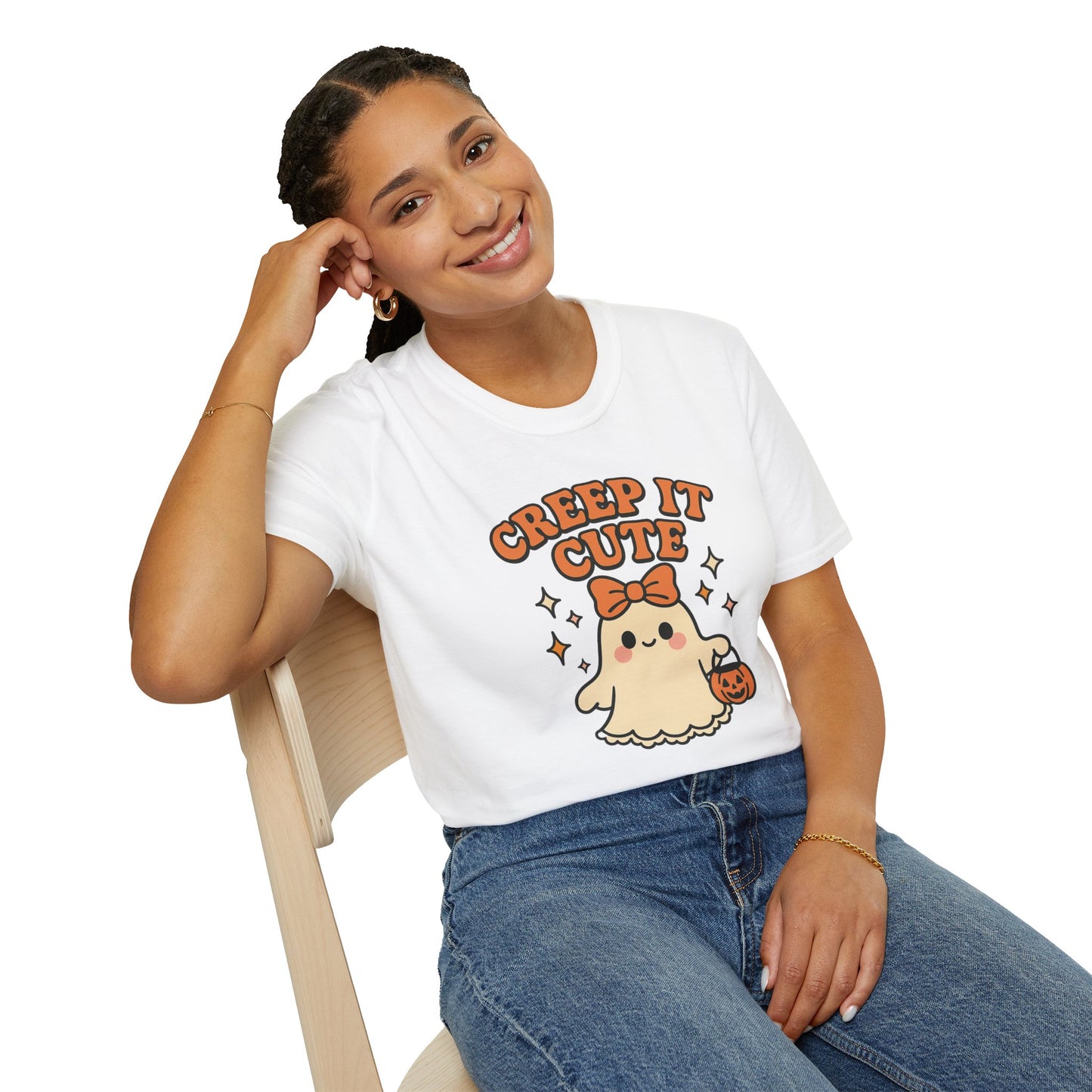 Creep It Cute Ghost Halloween Shirt - Kawaii Ghost Tee with Bow and Pumpkin, Spooky-Cute Fall Graphic T-Shirt, Spooky Season Halloween Top