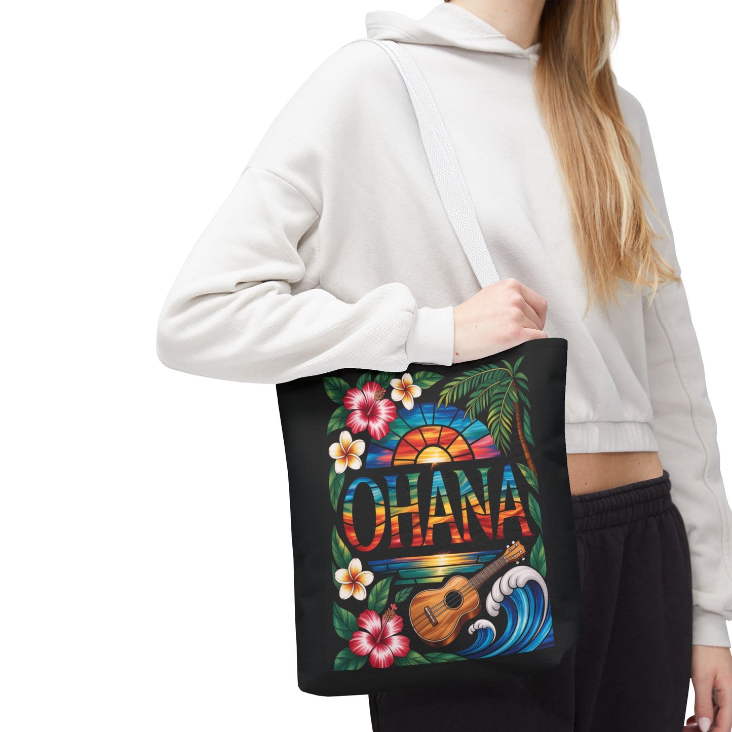 Ohana Tote Bag – Hawaiian Tropical Beach Bag with Ukulele, Sunset & Hibiscus Flowers, Island Gift for Women, Aloha Family Vibes
