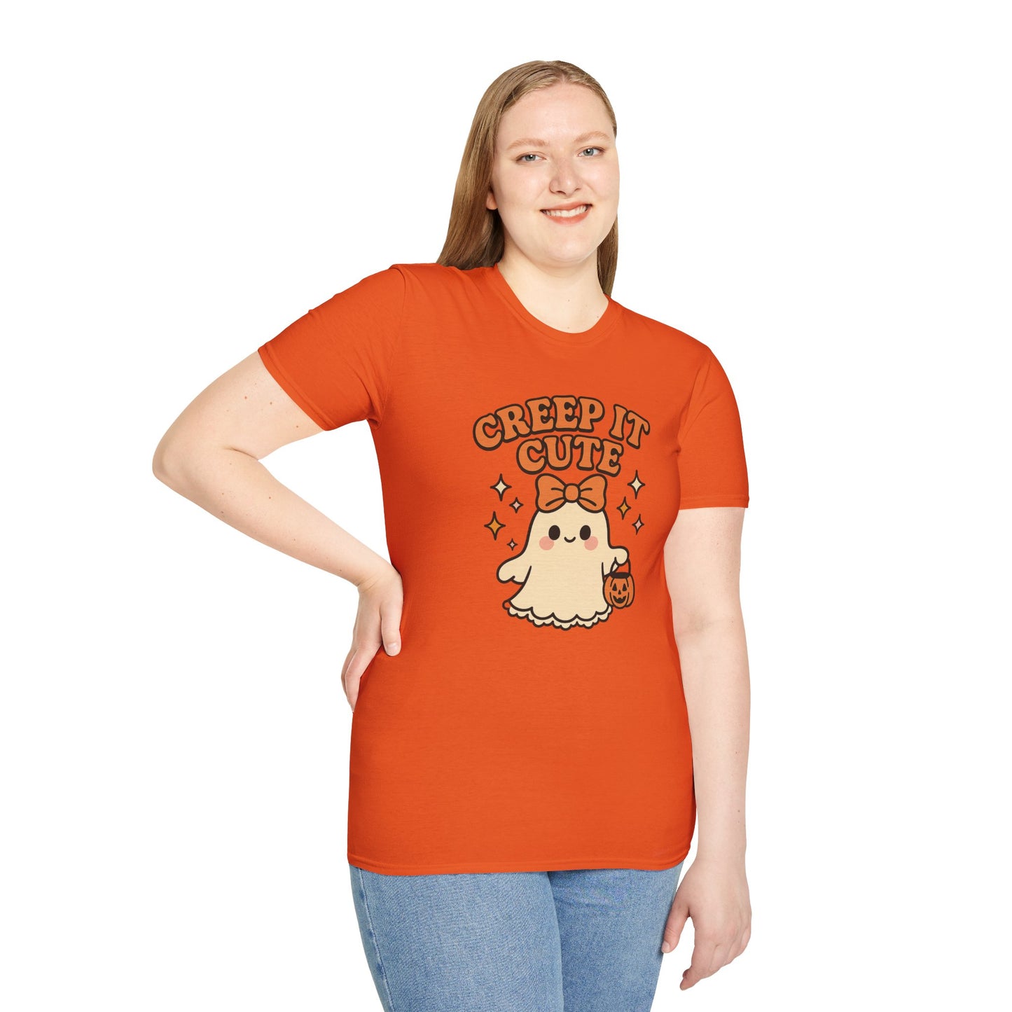 Creep It Cute Ghost Halloween Shirt - Kawaii Ghost Tee with Bow and Pumpkin, Spooky-Cute Fall Graphic T-Shirt, Spooky Season Halloween Top