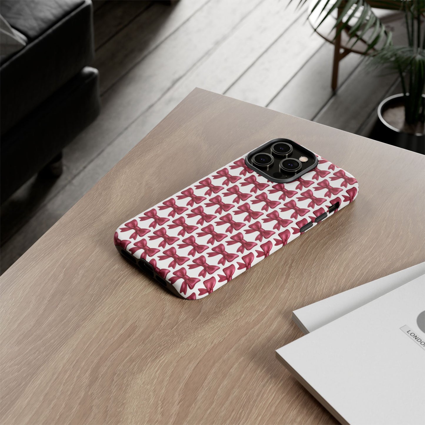 Coquette Bow iPhone Case - Burgundy Ribbon Pattern Phone Cover, Girly Aesthetic Accessory, Cute Gift for Her