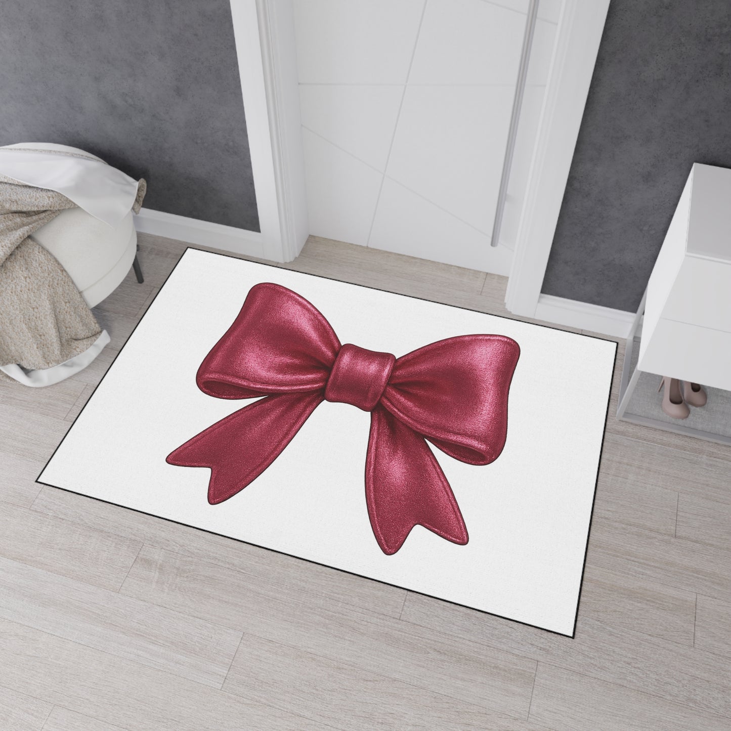 Red Bow Door Mat - Cute Glam Entry Rug, Pink Ribbon Welcome Mat, Girly Home Decor, Holiday Front Door Rug