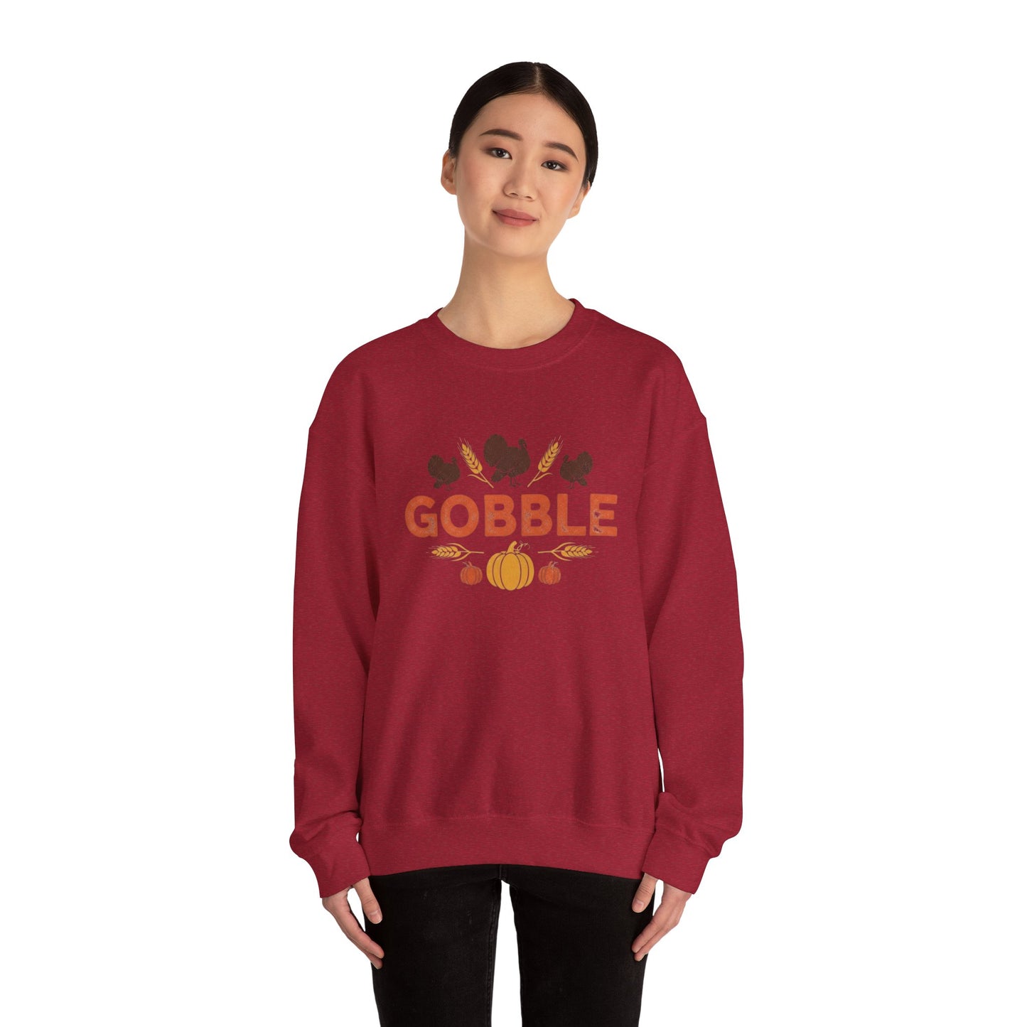 Gobble Turkey Sweatshirt, Thanksgiving Pumpkin Crewneck, Autumn Wheat & Turkey Graphic Pullover, Cozy Fall Family Turkey Day Shirt