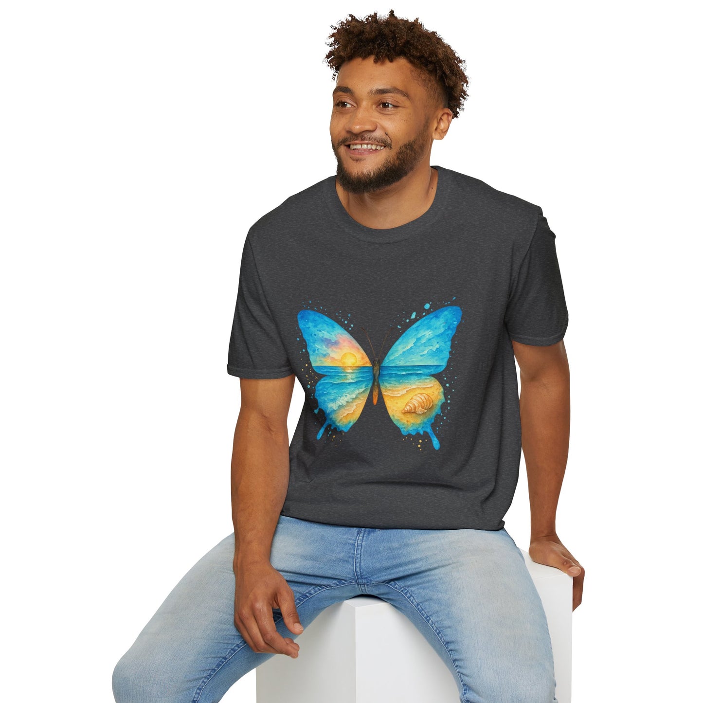 Butterfly Sunset Beach Tee - Scenic Butterfly Graphic Shirt, Nature Lover Gift, Boho Ocean Tee, Unisex Casual T-Shirt