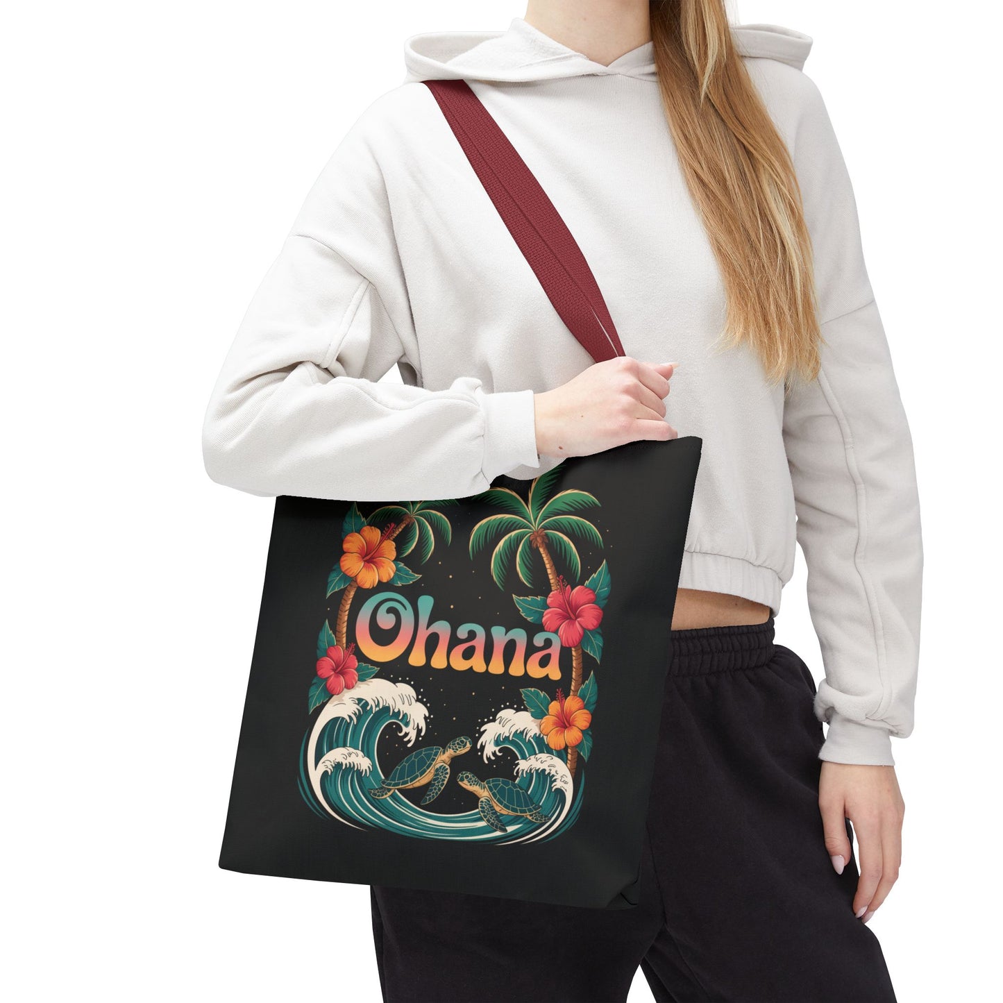 Ohana Tote Bag – Hawaiian Beach Tote with Sea Turtles & Palm Trees – Floral Tropical Reusable Bag, Summer Gift, Aesthetic Travel Purse