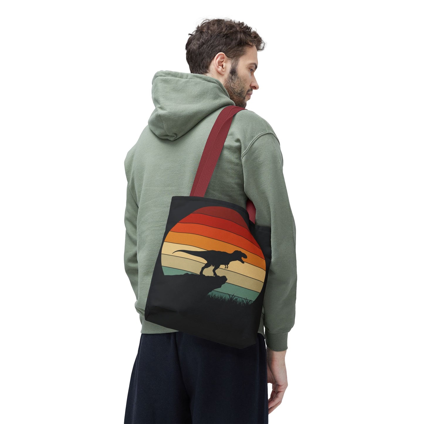 Retro Dinosaur Sunset Tote Bag | AOP Canvas Shopper - Eco Beach Bag for Dino Lovers and Kids, All-Over Print Summer Travel Gift