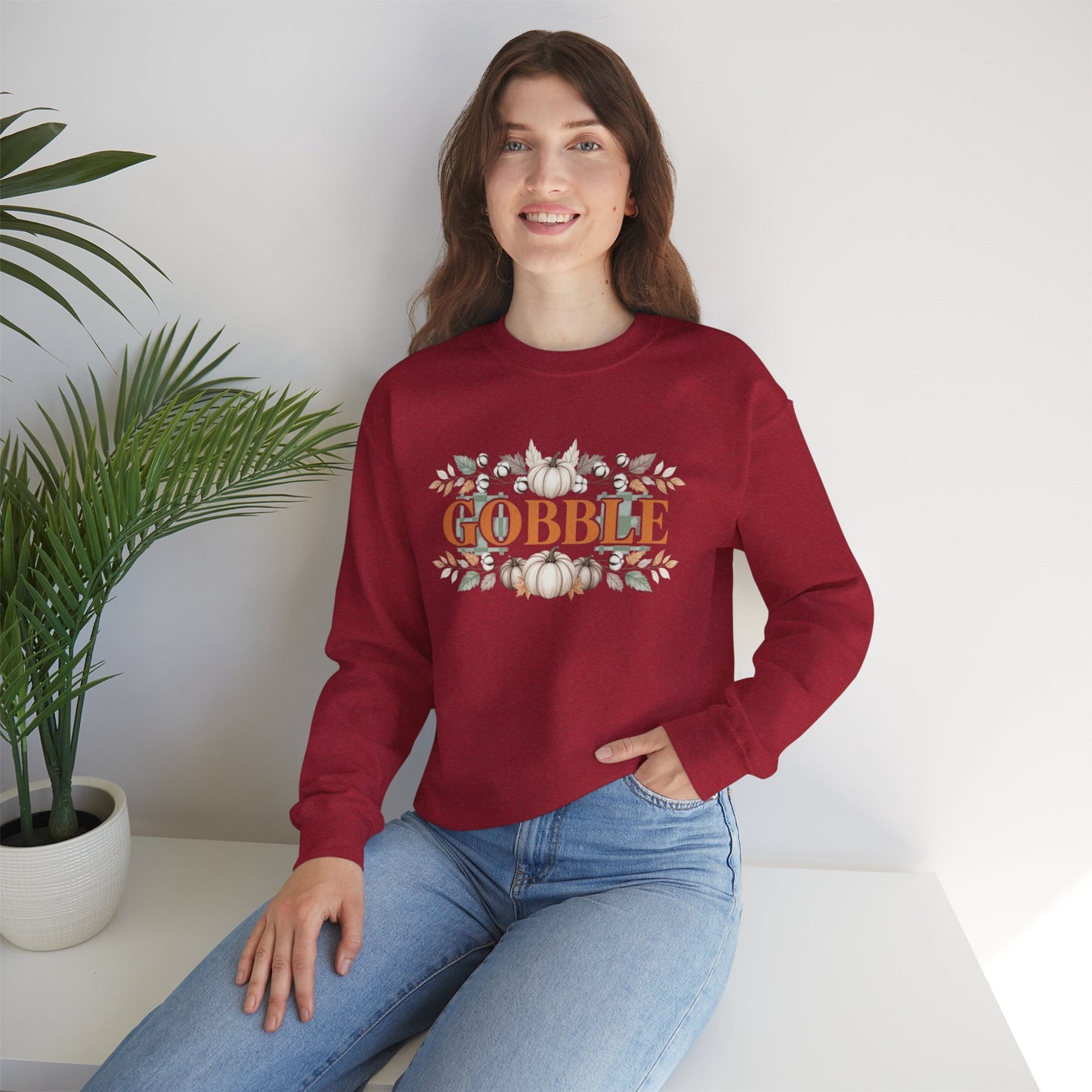 Gobble Thanksgiving Sweatshirt, Neutral Fall Pumpkin Crewneck, Autumn Cotton Stems Leaves Pullover, Cozy Rustic Thanksgiving Top
